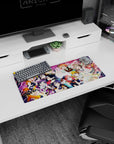 Honoka and friends group hug scene anime girl mouse pad 28x12 inches with cute hats and gold trim.