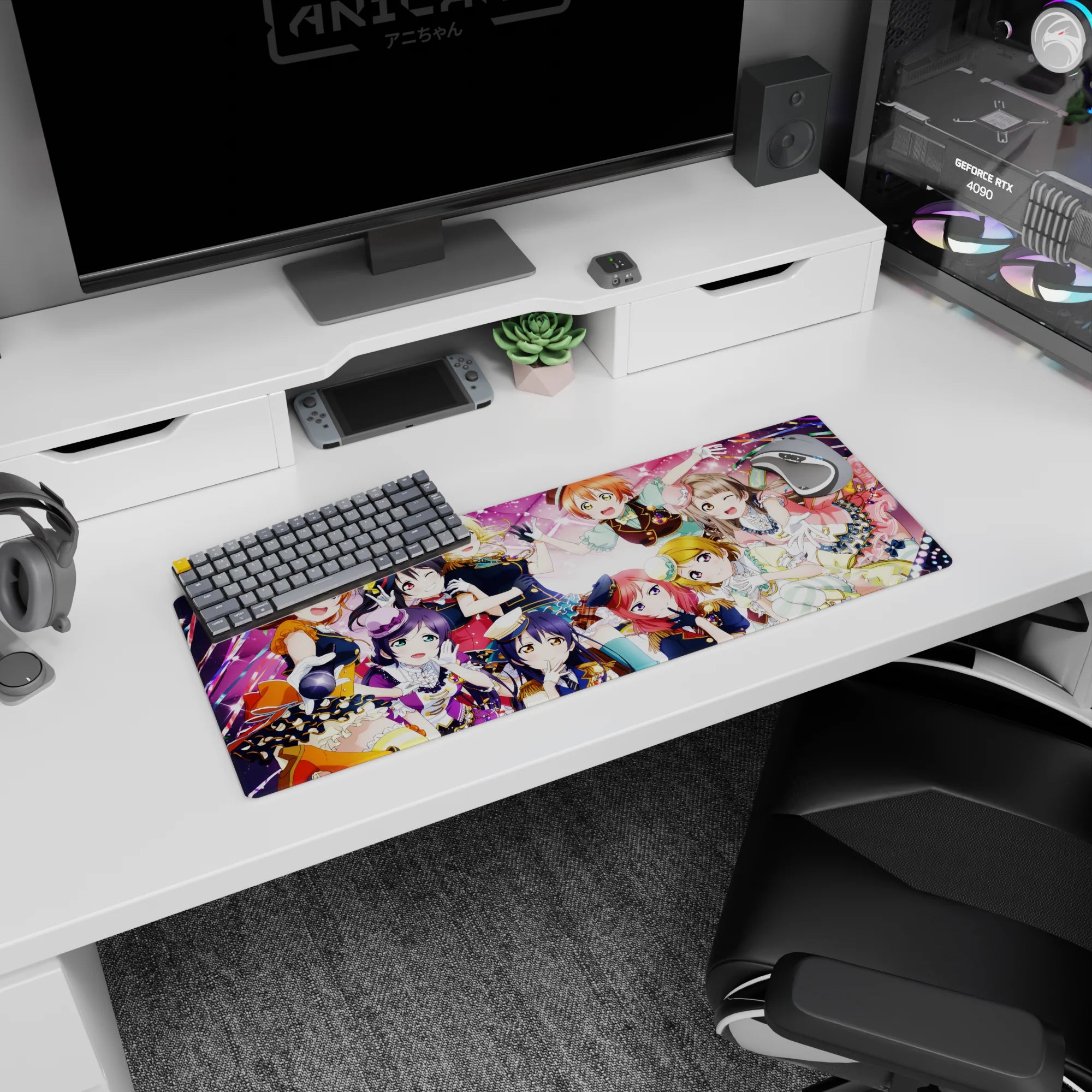 Honoka and friends sparkly idol group hug scene anime girl mouse pad, 32x12 inches.