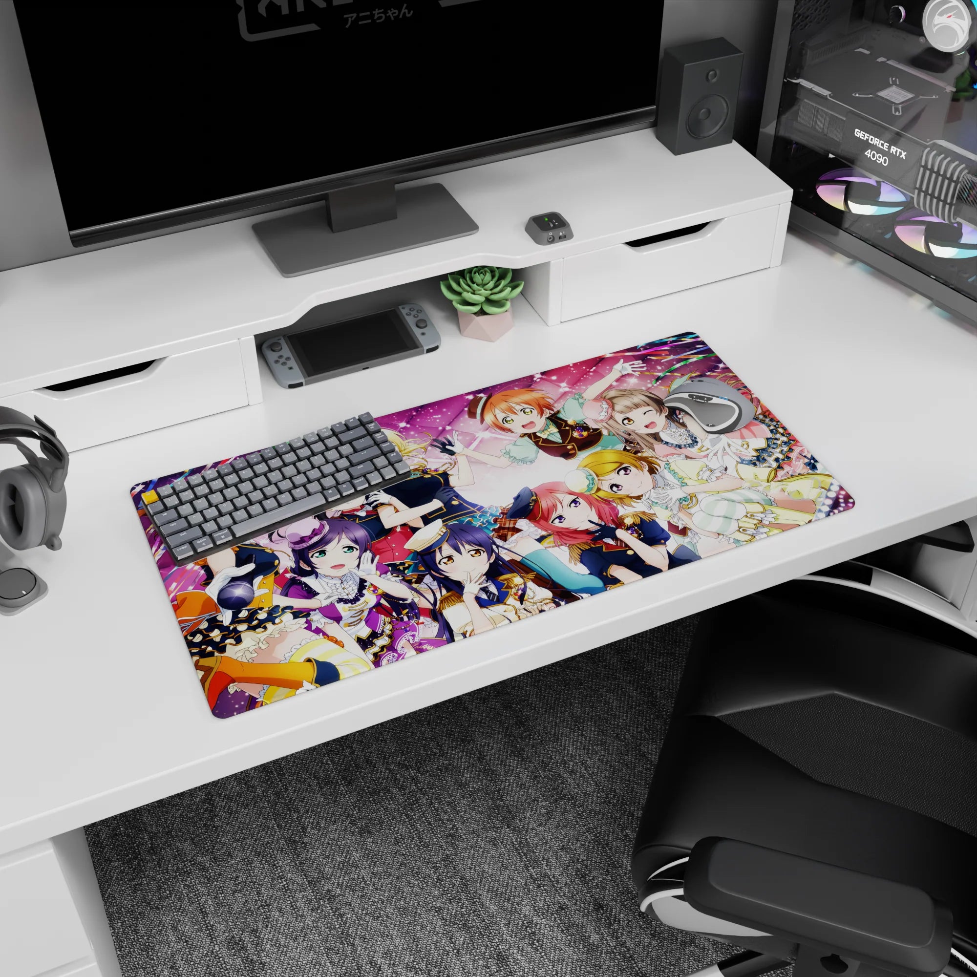 Honoka, Umi, and Kotori in a crowded idol group hug on an anime girl mouse pad, 32x16 inches.
