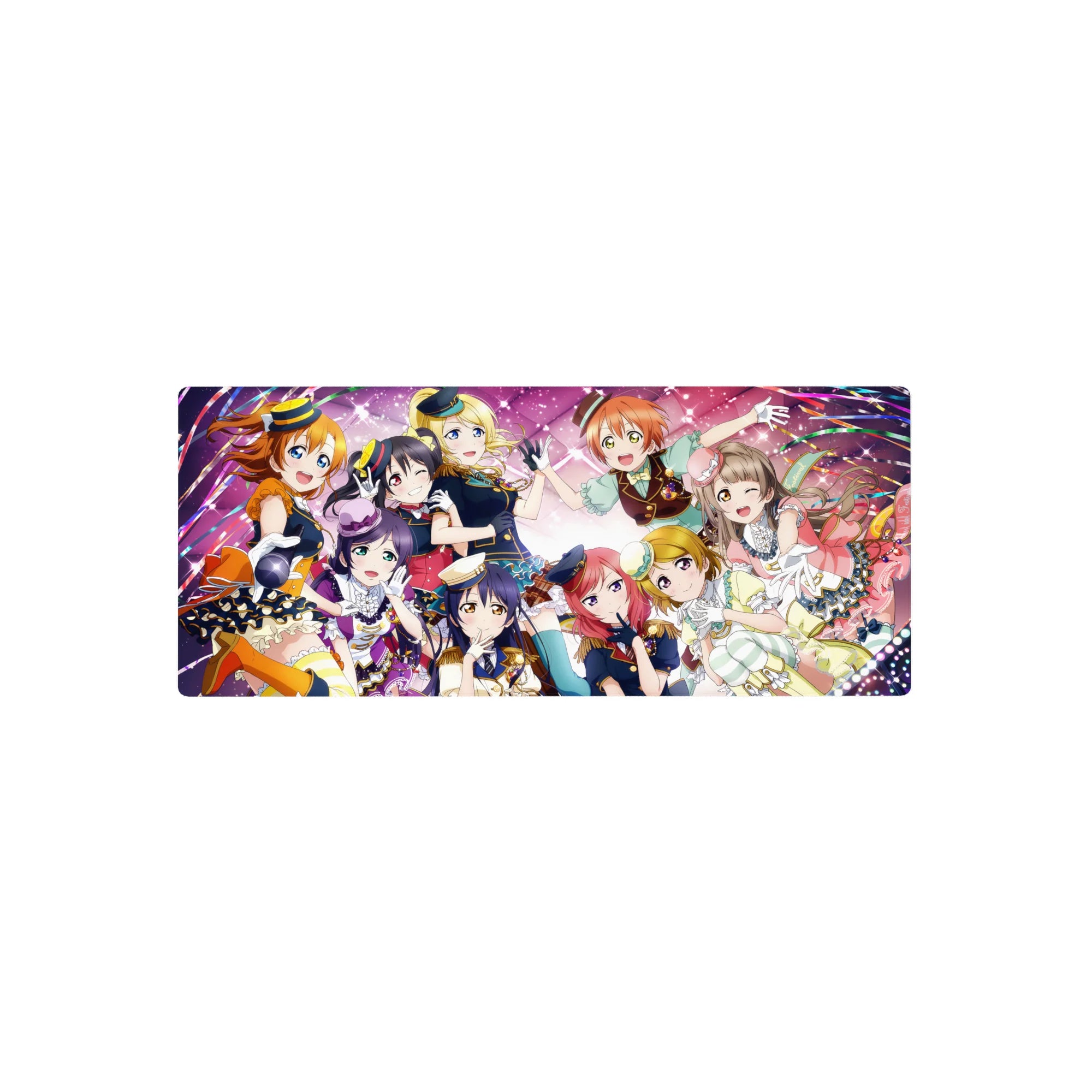 Love Live School Idol Project anime girl mouse pad 28x12 inches with nine idols in a sparkly group hug.