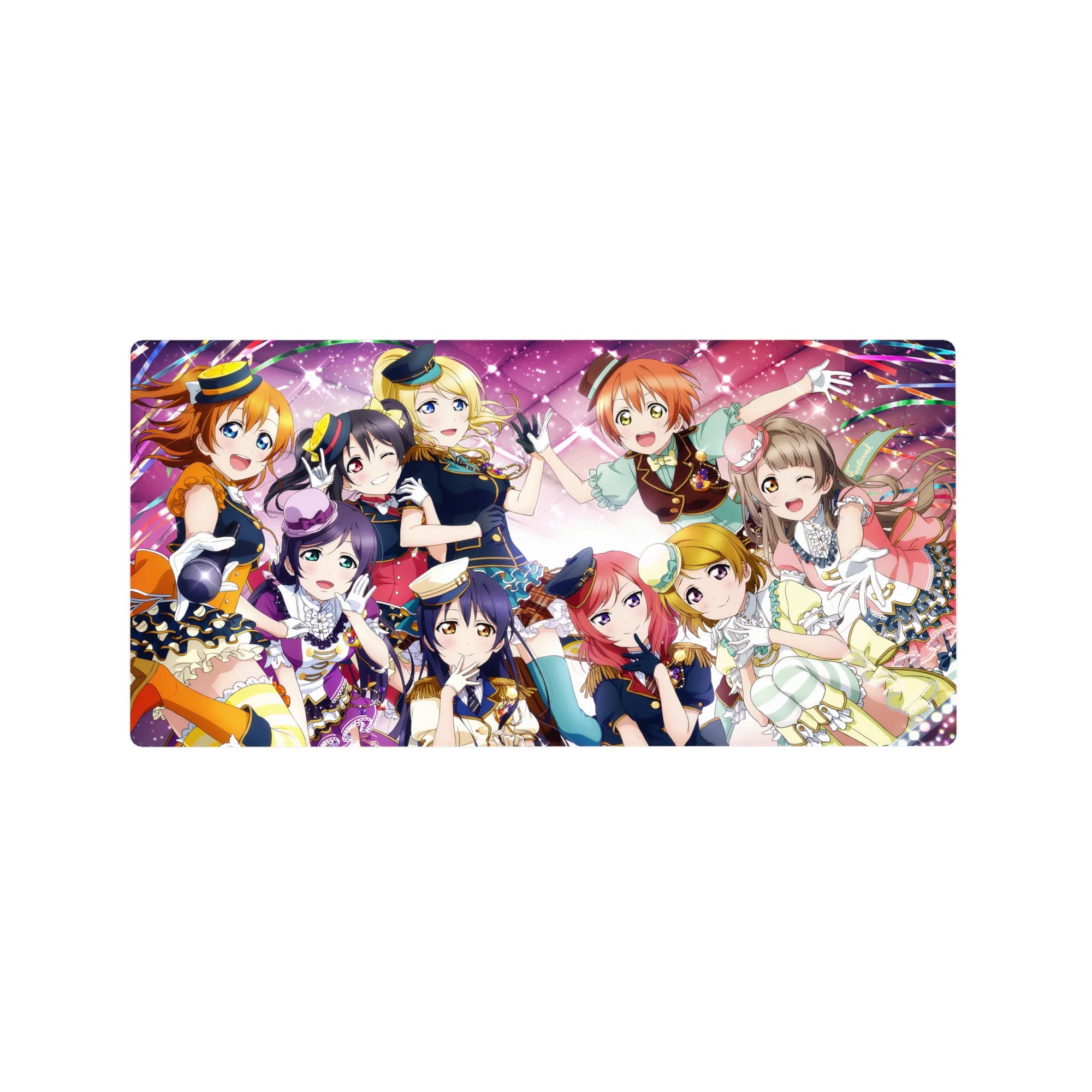 Love Live! School Idol Project group hug anime girl mouse pad, 32x16 inches, sparkly concert art.