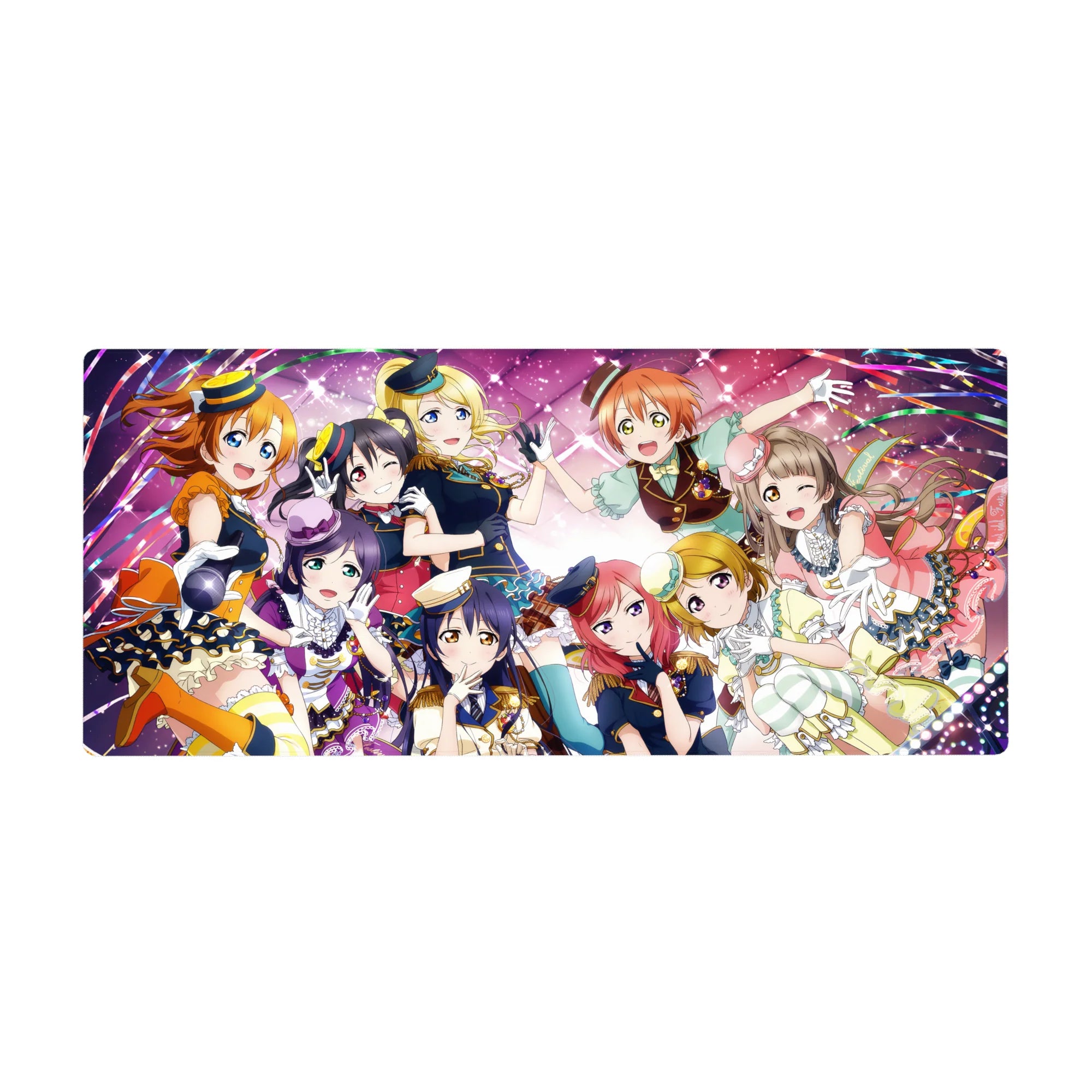 Love Live! School Idol Project group hug anime girl desk pad, 36x16 inches.
