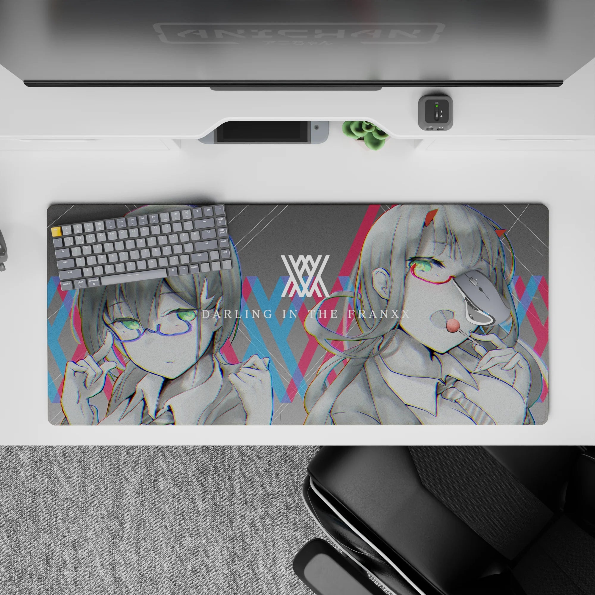 Striking 36x16 mouse pad highlights neon-tinted glasses, grainy textures, and RGB distortions, capturing the duo’s futuristic essence in stunning visual detail