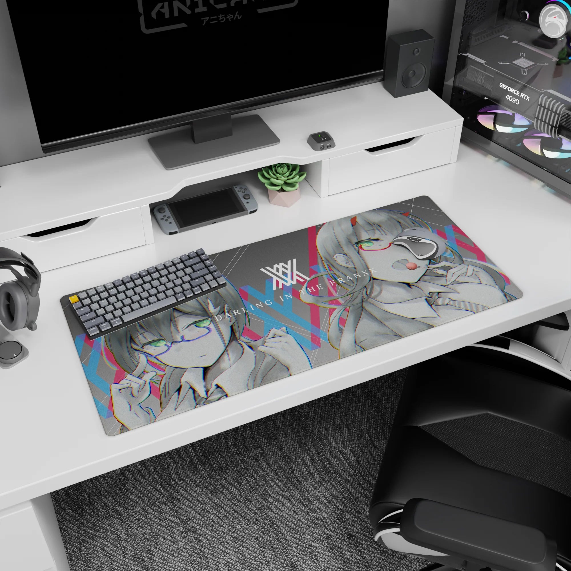 Futuristic artwork on 36x16 mouse pad captures the essence of cyberpunk innovation with sharp contrasts and digital effects