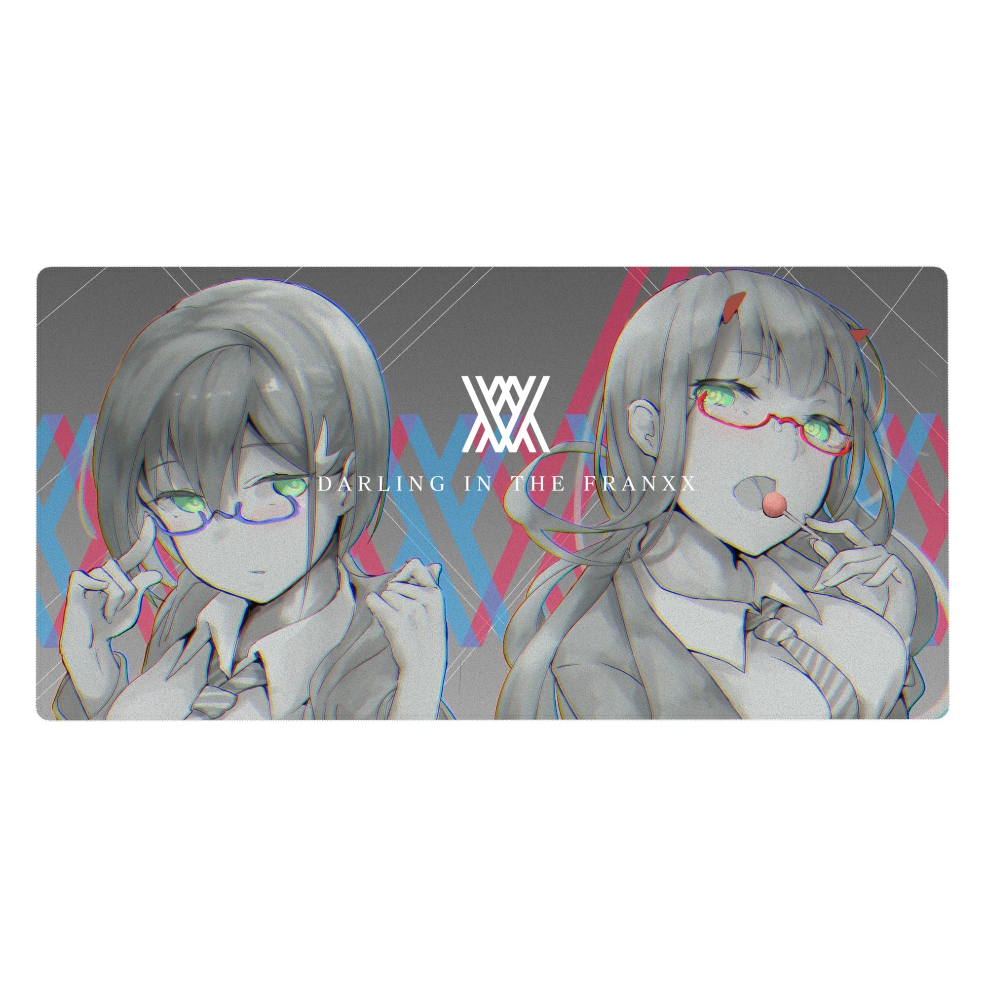 Zero Two & Ichigo Cyberpunk Glitch Mouse Pad 40x20 featuring a futuristic cyberpunk aesthetic with neon-tinted glasses and RGB distortion for an edgy anime vibe