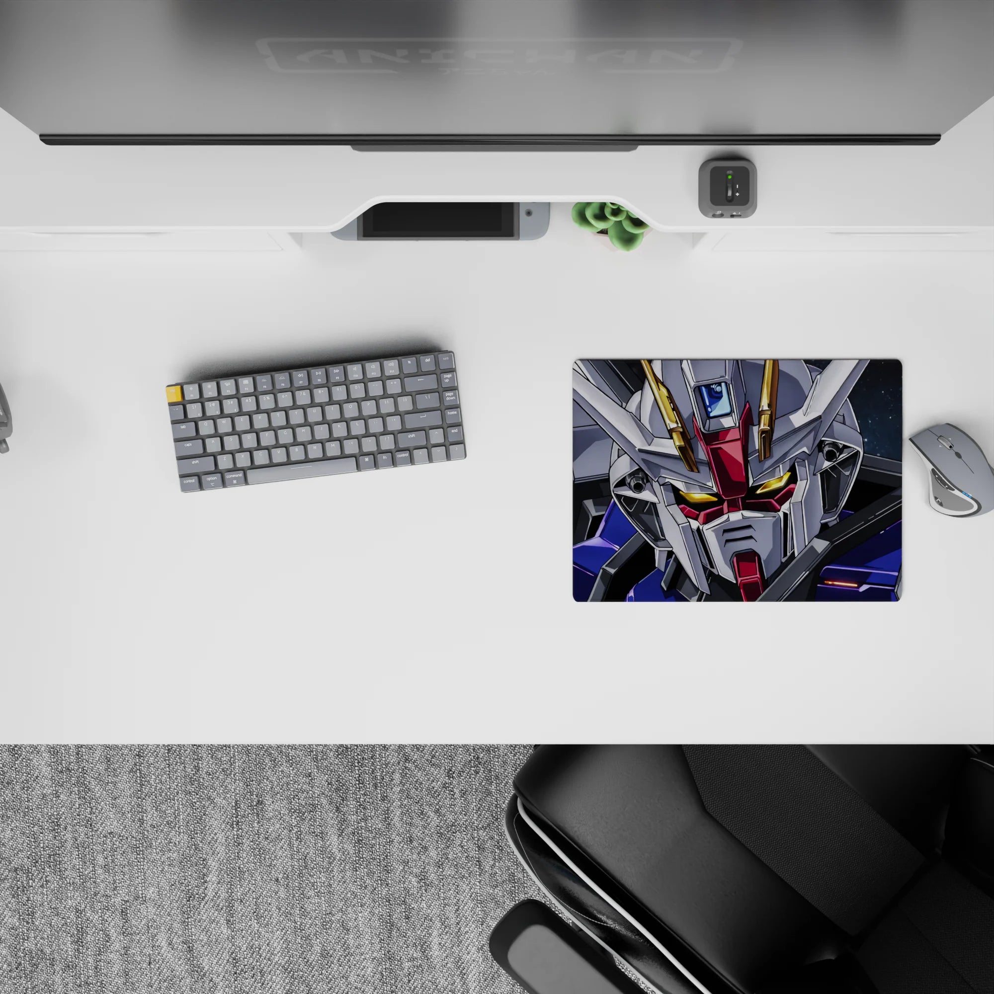 Classic anime mouse pad 14x10 inches in deep space tones, crisp blue panels, gold glowing eyes, metallic.