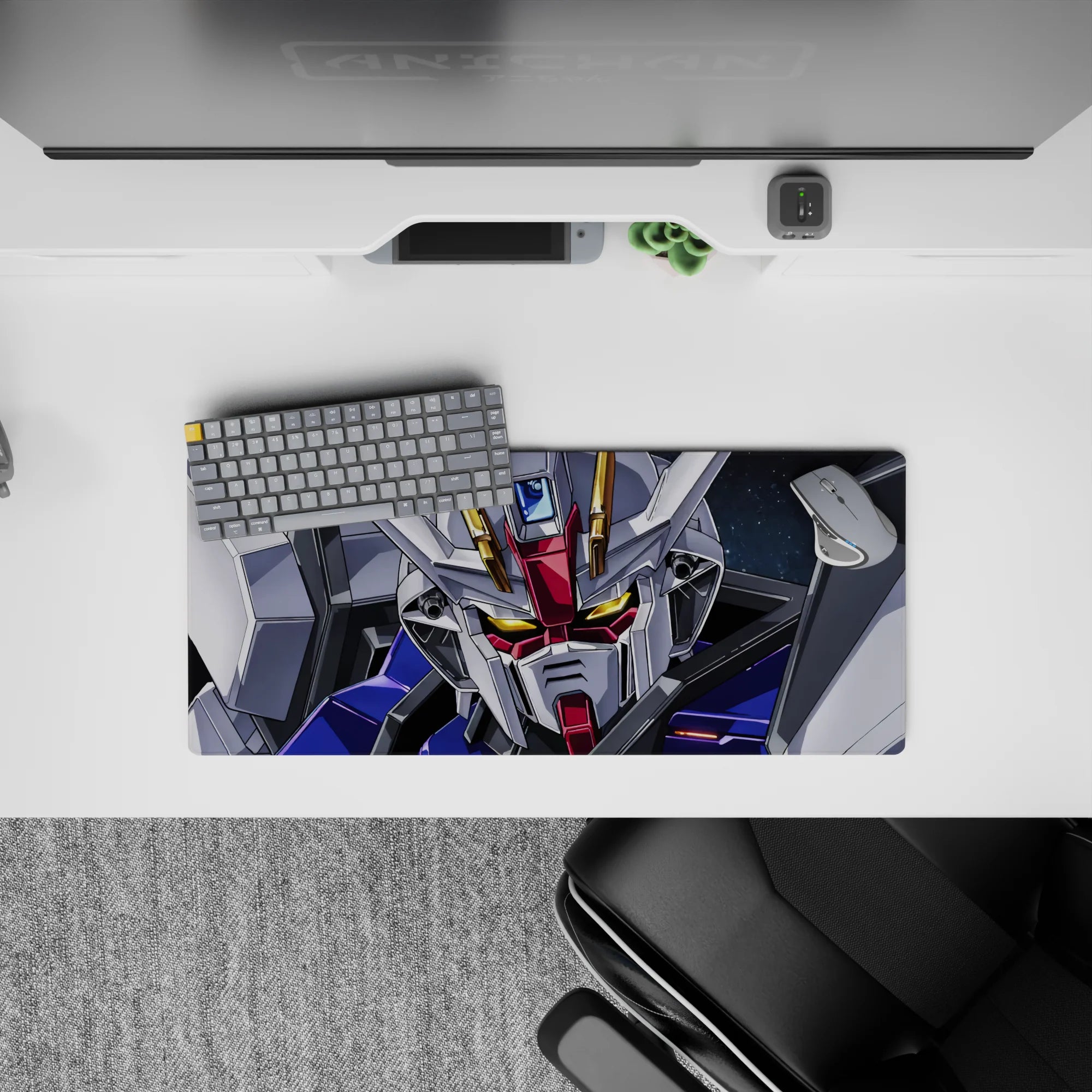 28x12 inches anime mouse pad in deep-space backdrop, crisp white mech, gold glowing eyes, bold metallic vibe.