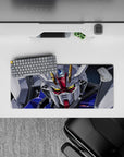 28x12 inches anime mouse pad in deep-space backdrop, crisp white mech, gold glowing eyes, bold metallic vibe.