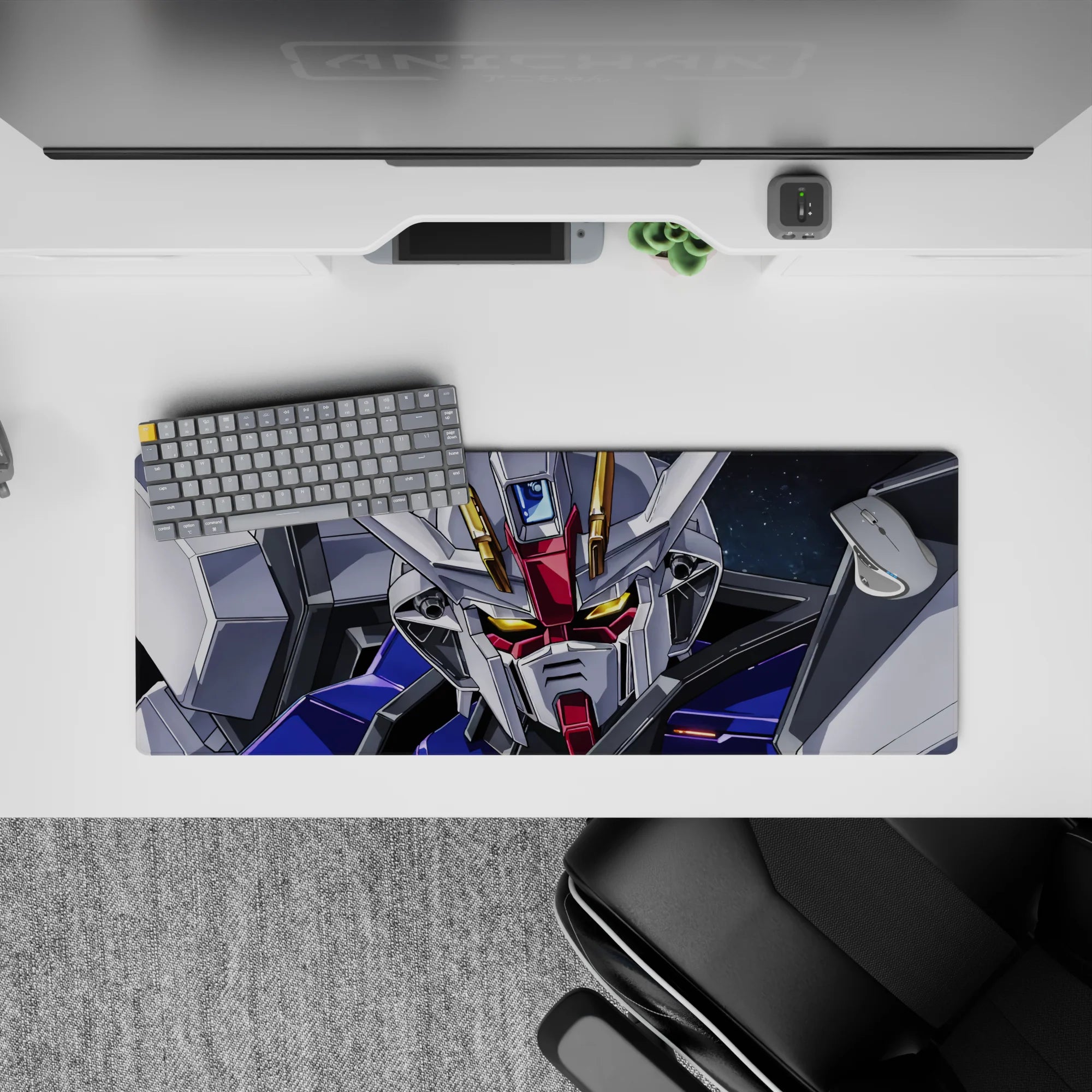 32x12 inches anime mouse pad with glowing gold eyes, crisp white armor, bold reds and cool blues, sci-fi vibe.