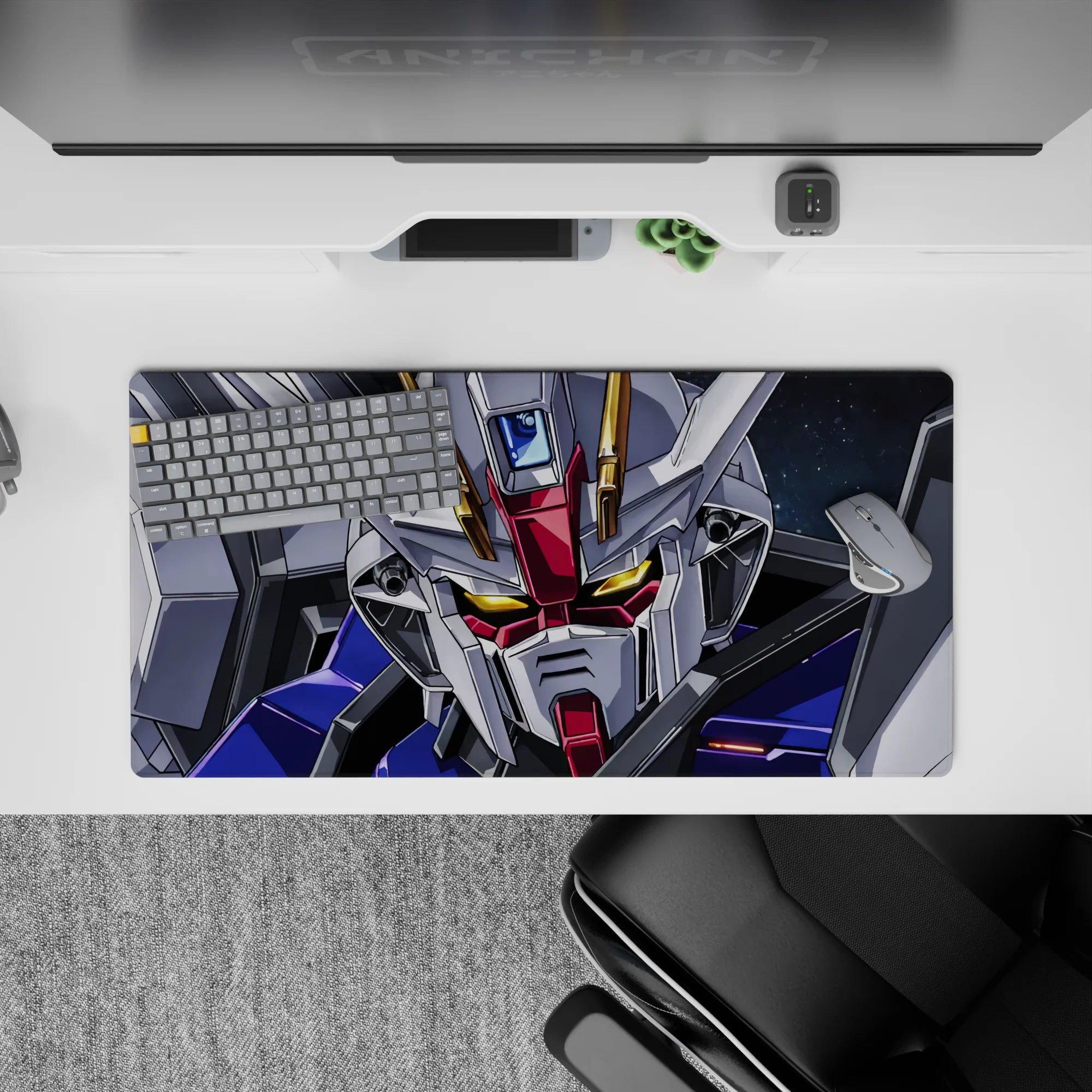32x16 inches anime mouse pad in deep space tones with glowing gold eyes, crisp blue panels, bold reds.