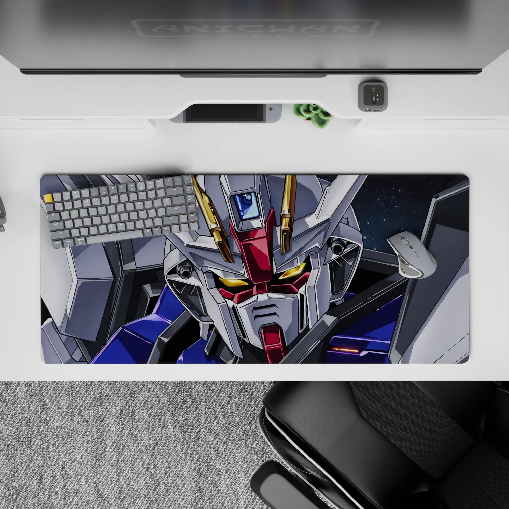 Gold-glowing eyes on deep space anime desk pad 36x16 inches, crisp white armor with red and blue.