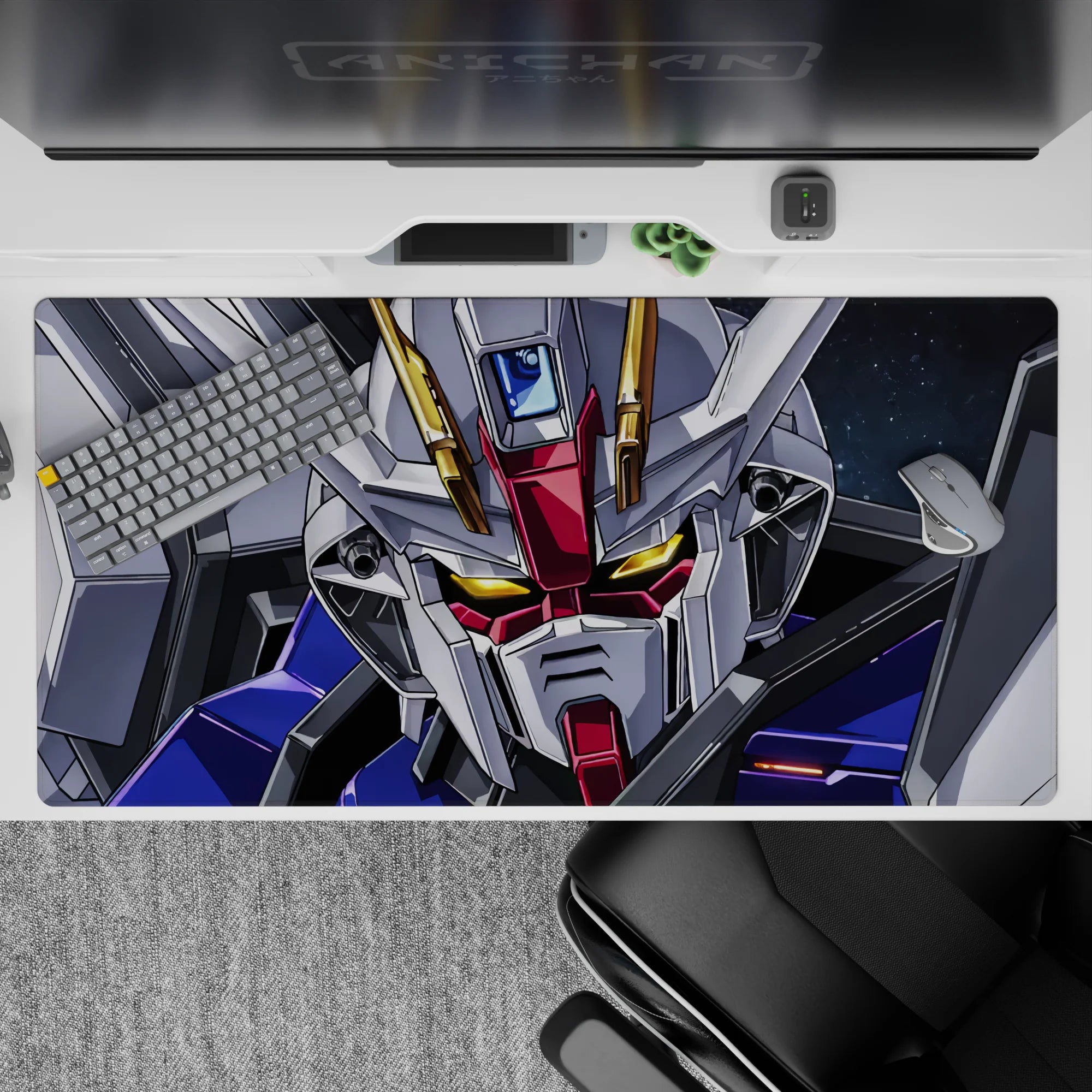 White armor on deep space, red accents and blue panels, gold glowing eyes desk pad 40x20 inches.