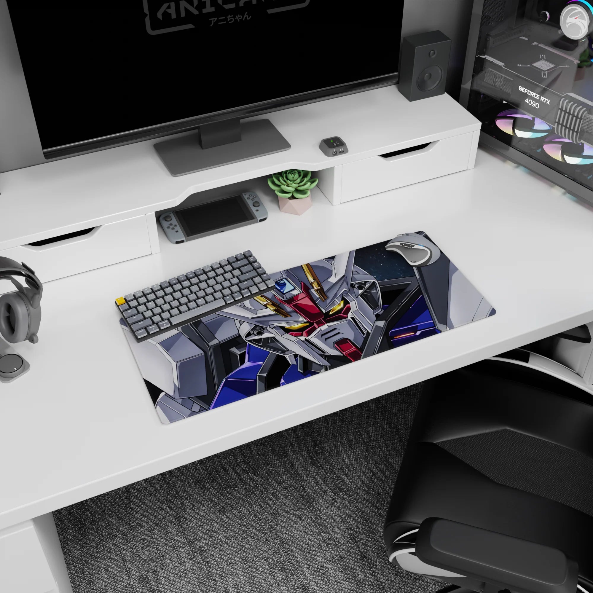28x12 inches Gundam SEED Strike Gundam mouse pad, intense cockpit-ready stare with glowing gold eyes.