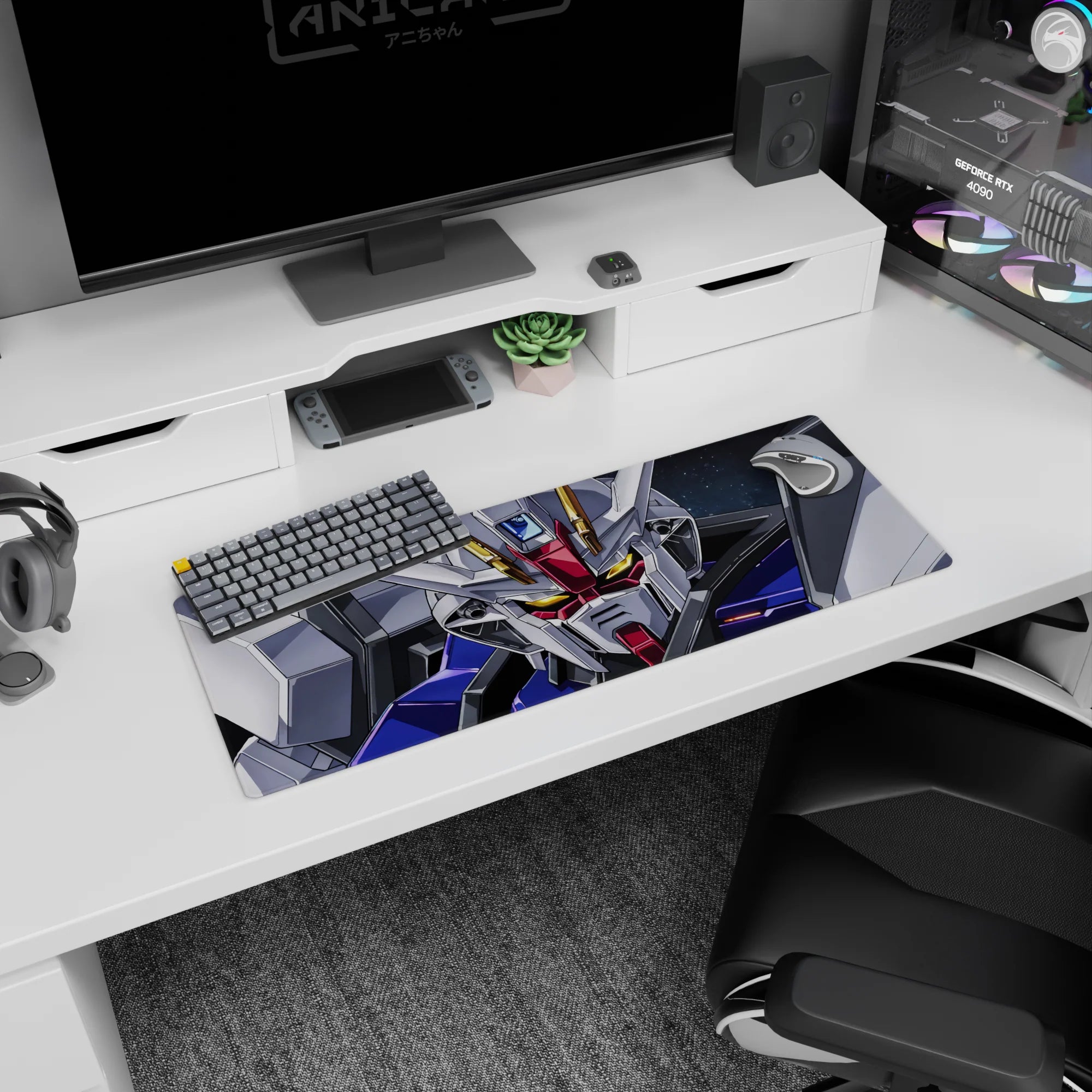 32x12 inches Gundam SEED mouse pad featuring Strike Gundam glaring forward, metallic highlights on deep space.