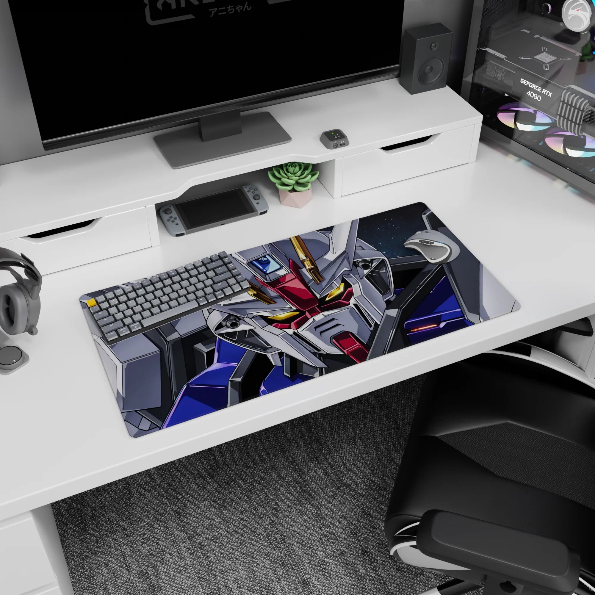 32x16 inches Gundam SEED Strike Gundam mouse pad, intense cockpit-style stare with metallic highlights.