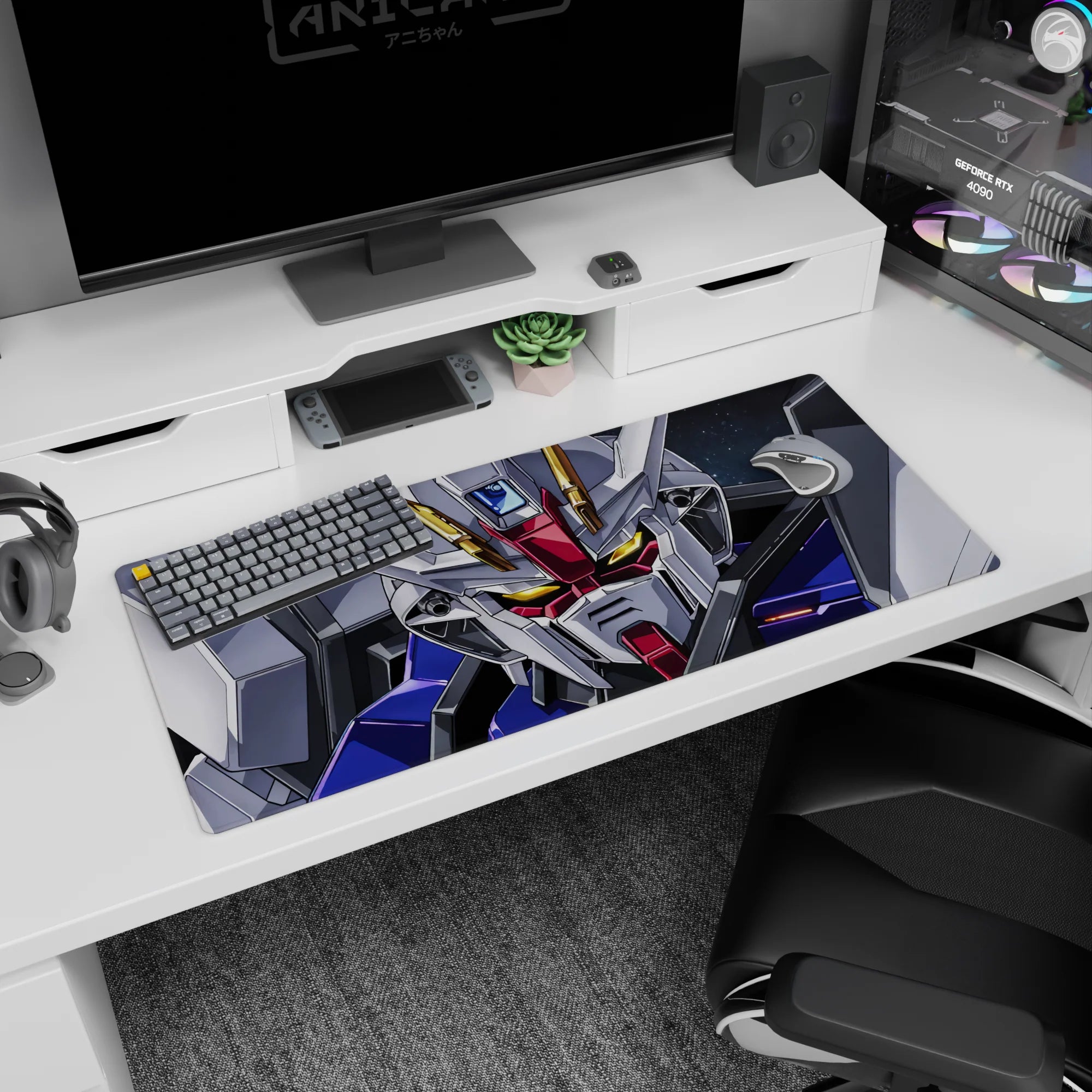 Gundam SEED Strike Gundam glaring close-up desk pad 36x16 inches, metallic highlights and cockpit vibe.