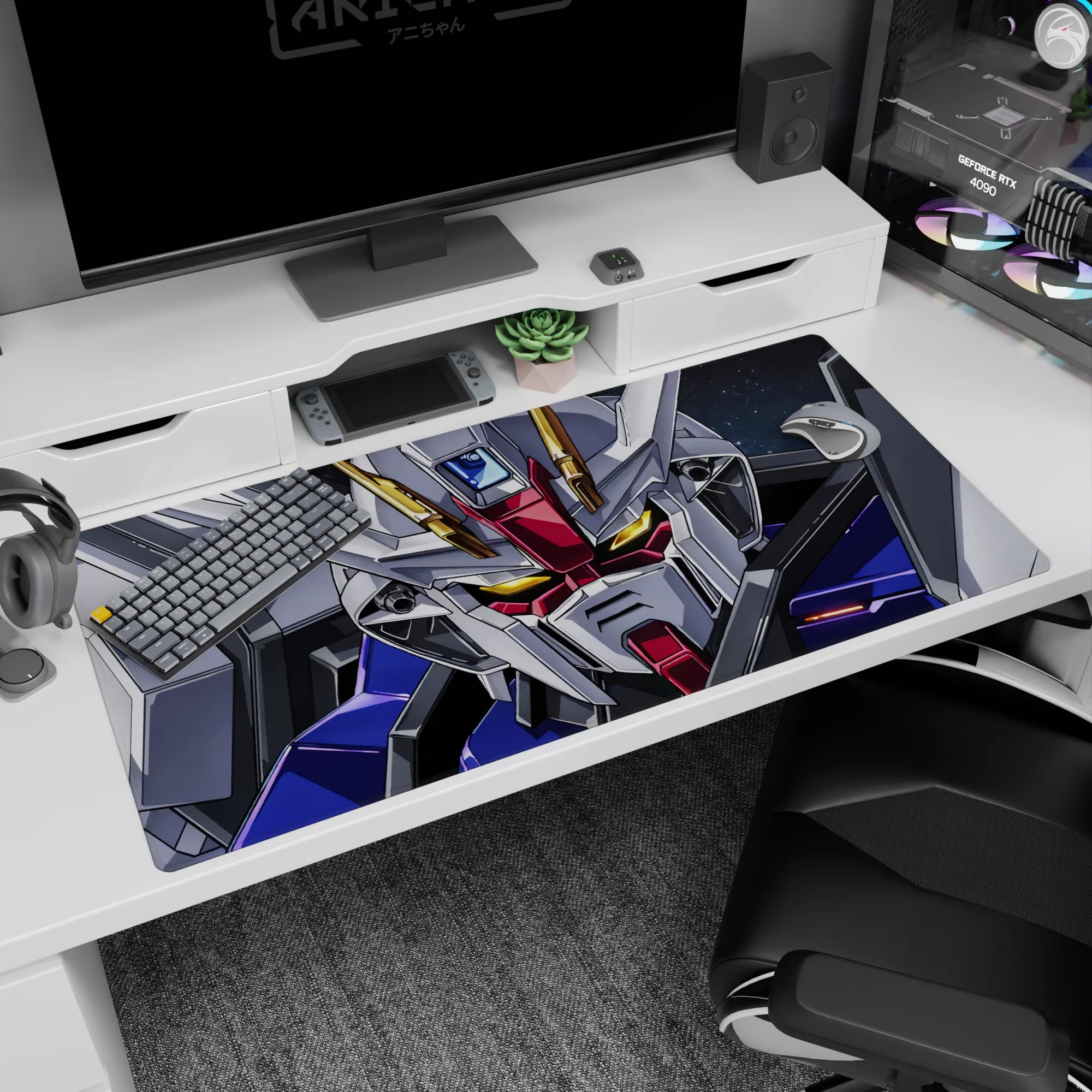 Close-up Strike Gundam glaring with glowing gold eyes, cockpit tension vibe desk pad 40x20 inches.