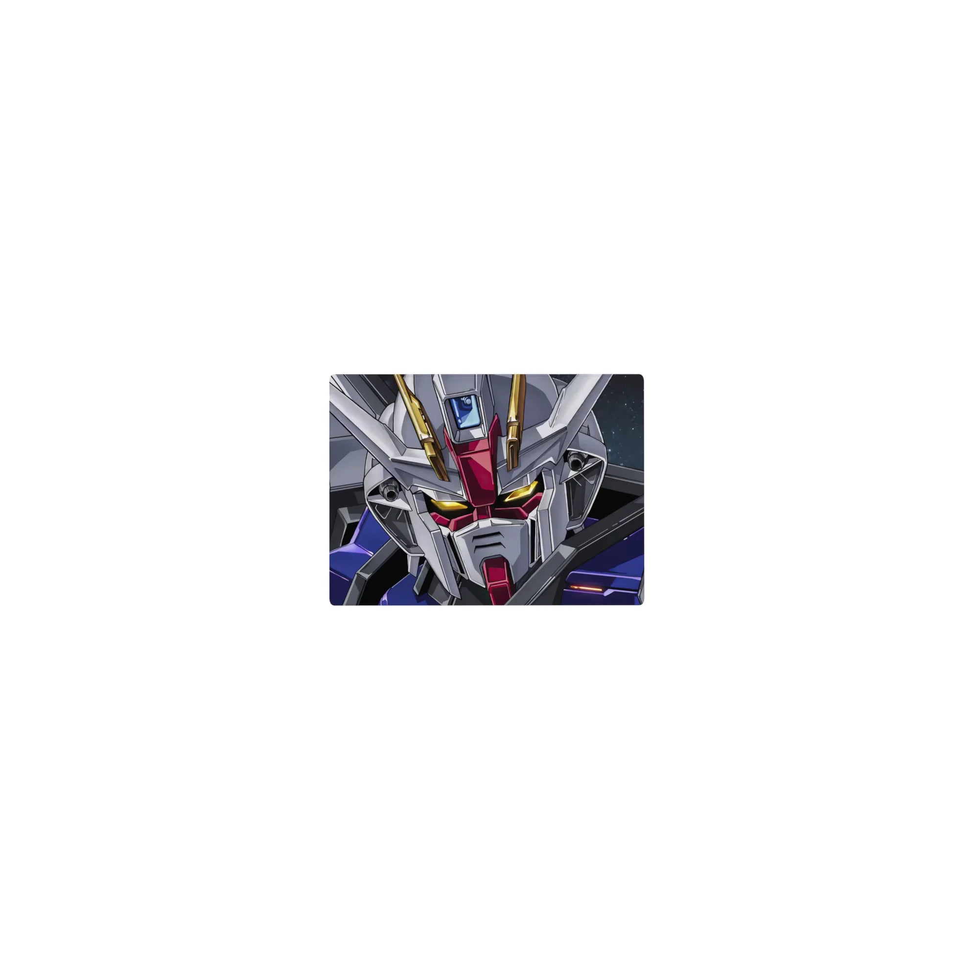 Classic anime mouse pad 14x10 inches with Strike Gundam face close-up, white armor, red accents, space.