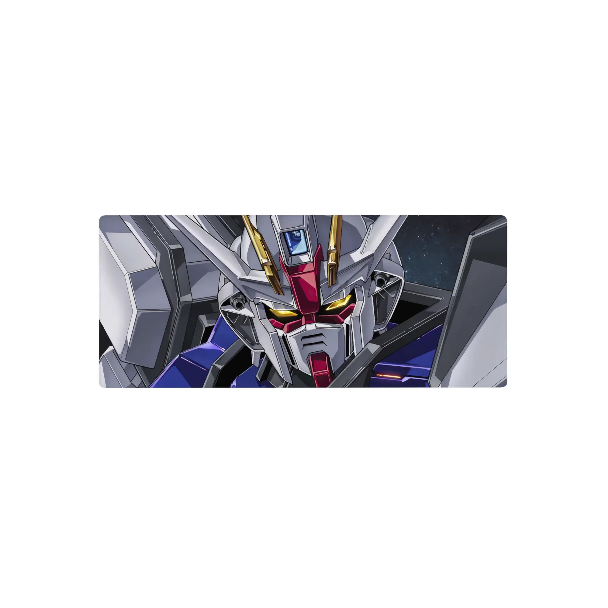 28x12 inches anime mouse pad with Strike Gundam face-shot, white armor, red accents, blue panels.