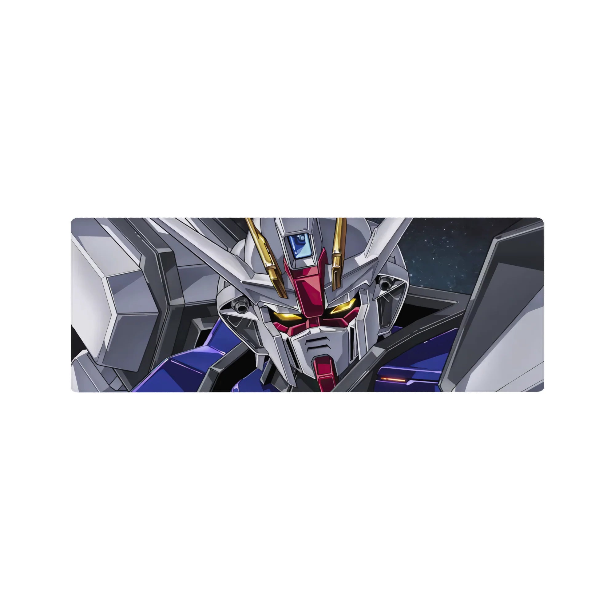 32x12 inches anime mouse pad with Strike Gundam face-shot in space, white armor, red accents, blue panels.