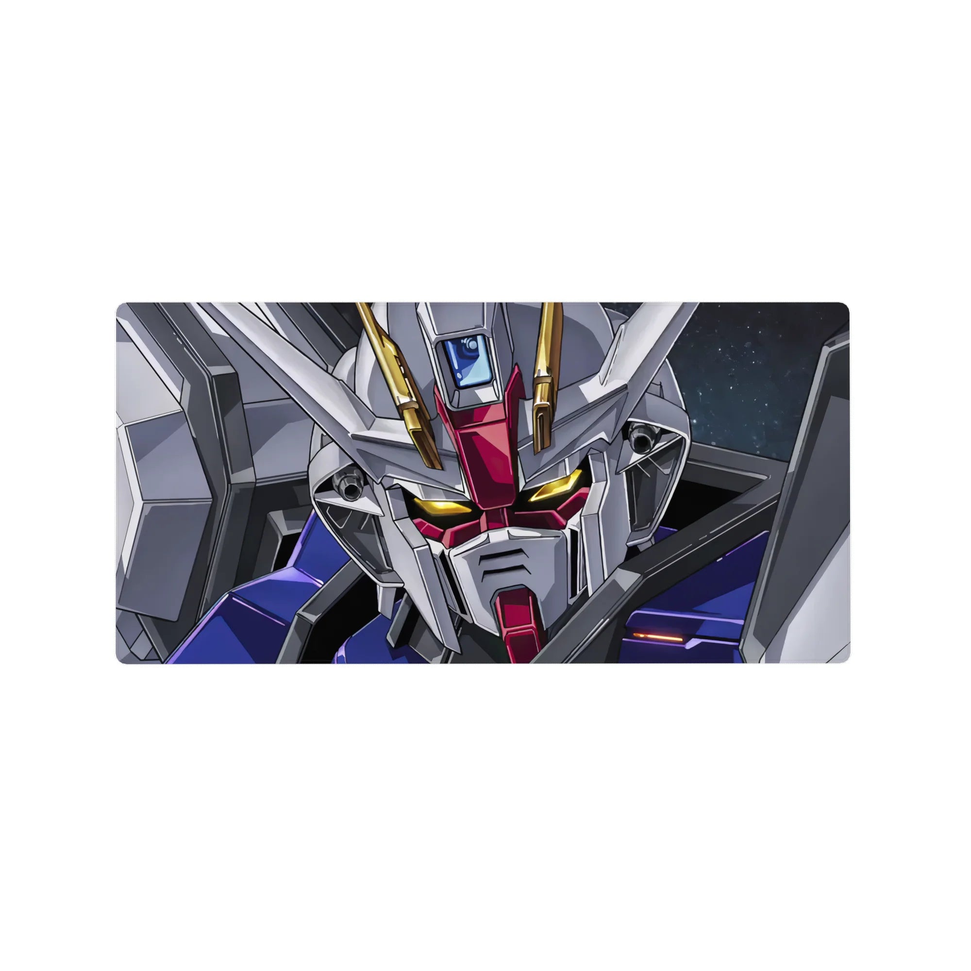 32x16 inches anime mouse pad with Strike Gundam face close-up, white armor, red accents, space backdrop.