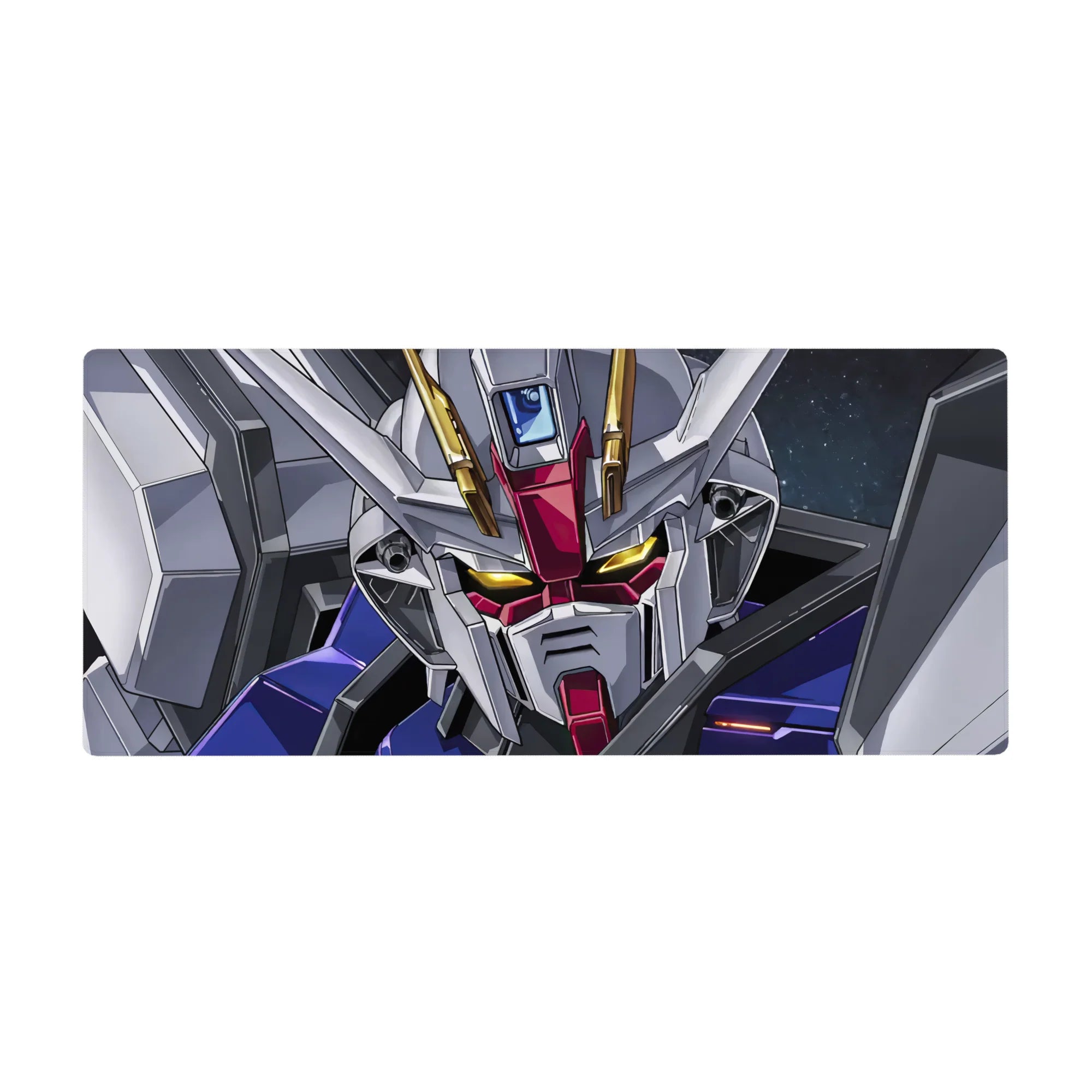 Strike Gundam SEED face-shot anime desk pad 36x16 inches with white armor, red accents, blue panels.
