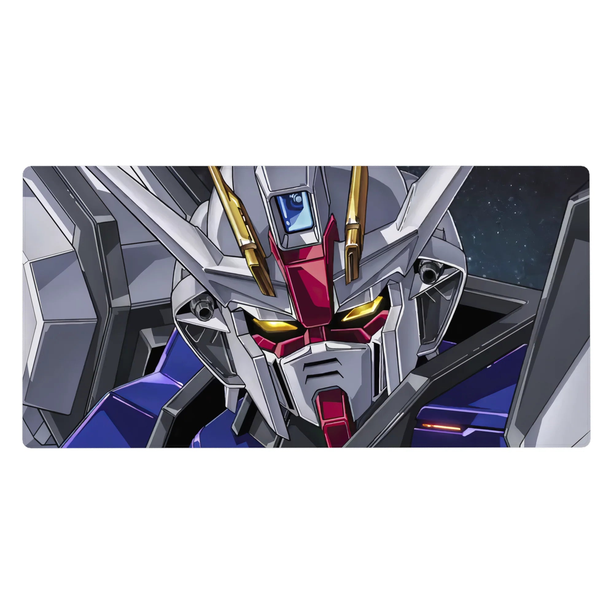 Strike Gundam SEED anime desk pad 40x20 inches with bold face-shot, clean lines, metallic highlights.