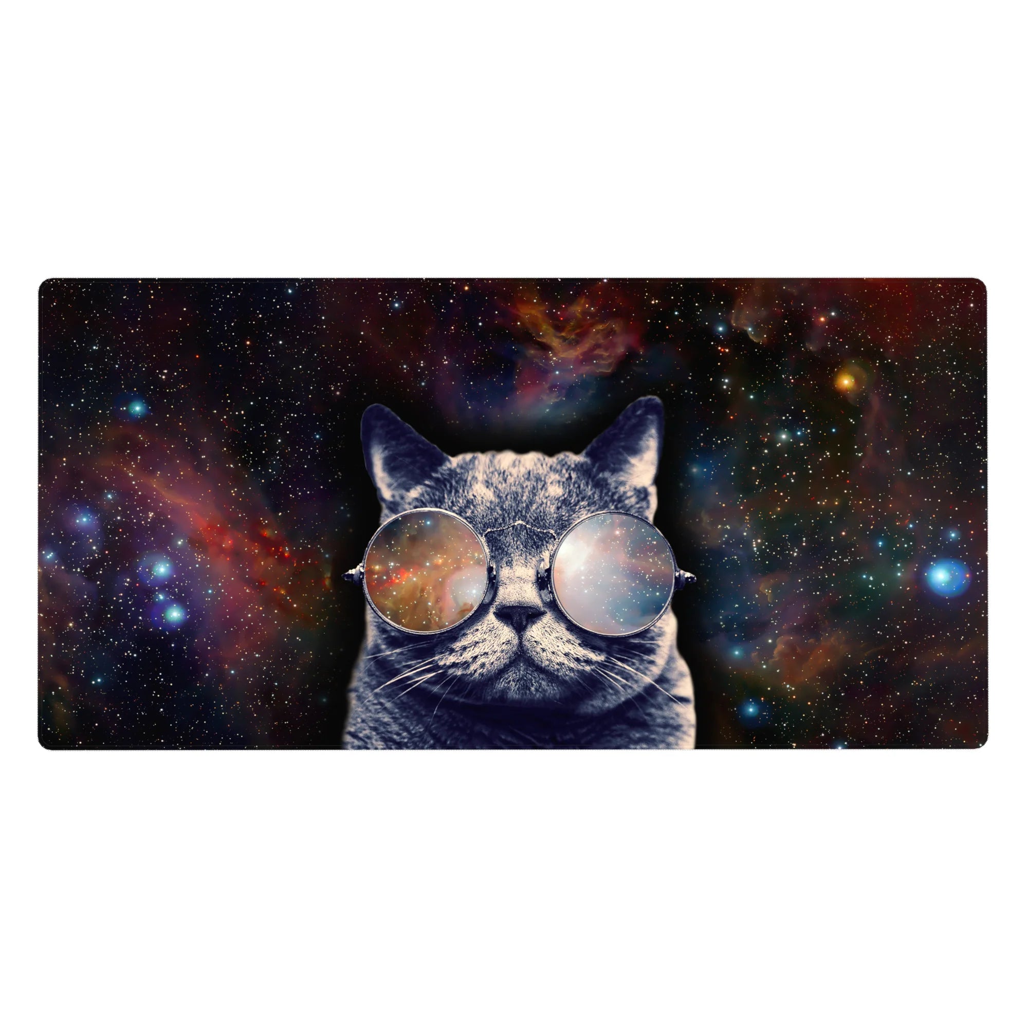 Space cat desk pad 40x20 inches with gray kitty in round glasses and swirling galaxy background.