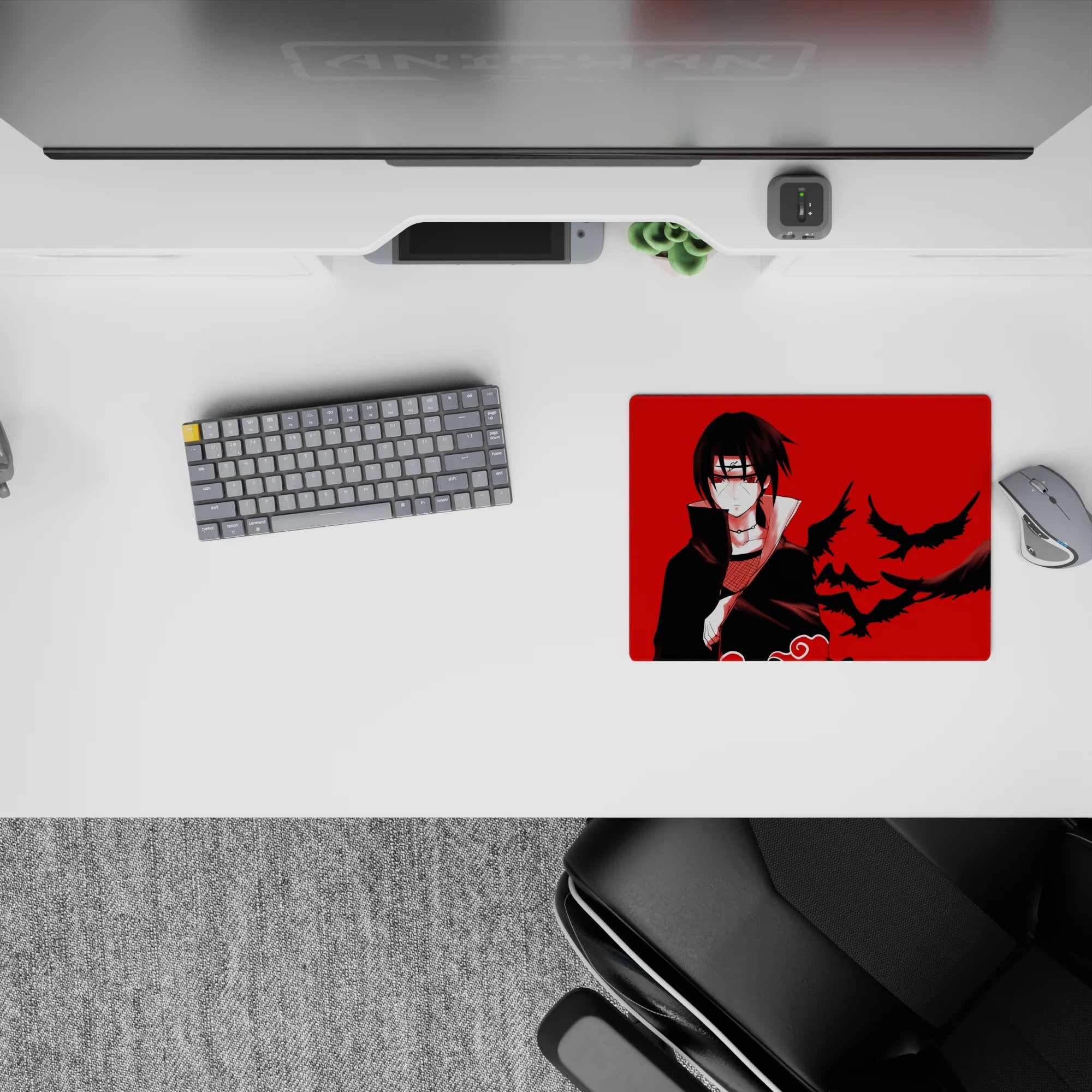 Red and black 14x10 inches anime mouse pad with calm, dangerous vibe and ink-like crows in motion.