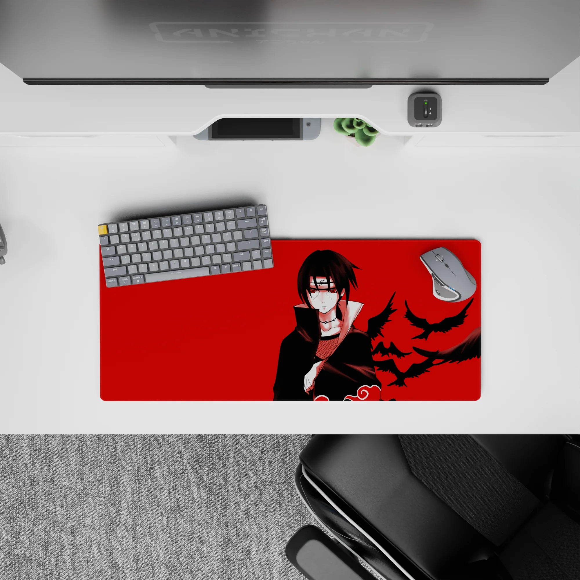 28x12 inches anime desk mat in deep red and black with dark Akatsuki mood and sharp shadows.
