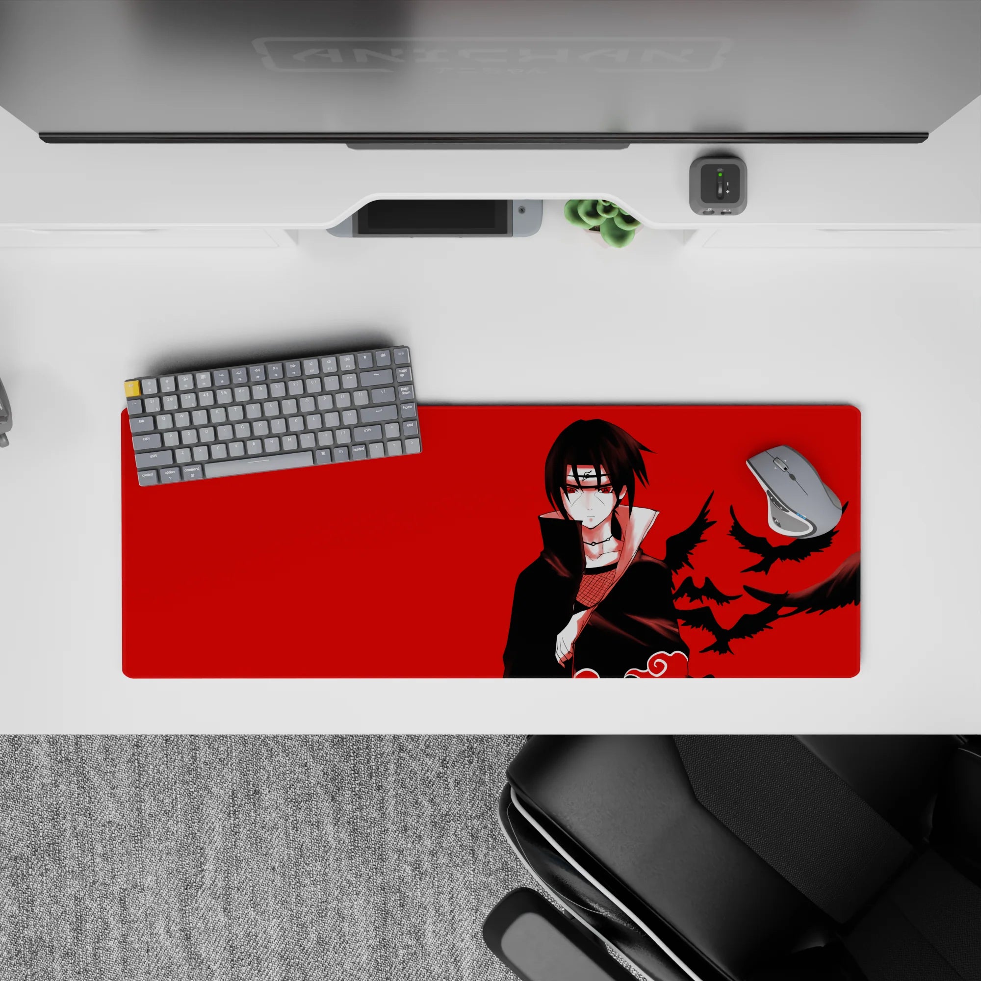 32x12 inches anime mouse pad in bold red and deep black, calm ruthless vibe, smooth tracking desk mat.