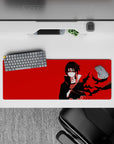 32x12 inches anime mouse pad in bold red and deep black, calm ruthless vibe, smooth tracking desk mat.