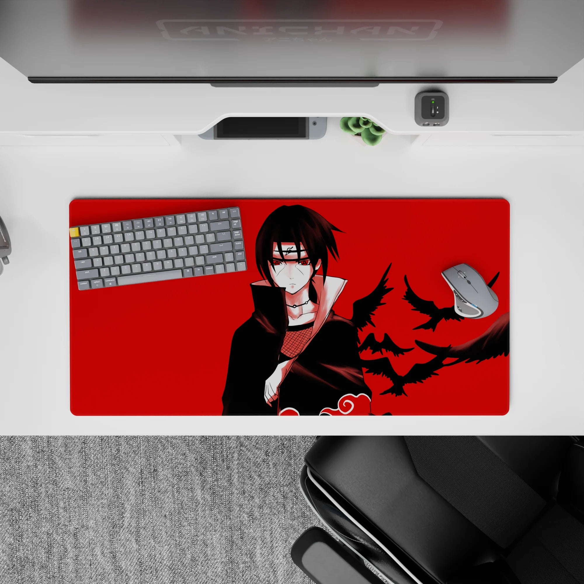32x16 inches anime mouse pad in bold red and deep black, calm dark vibe with ink-like crows.