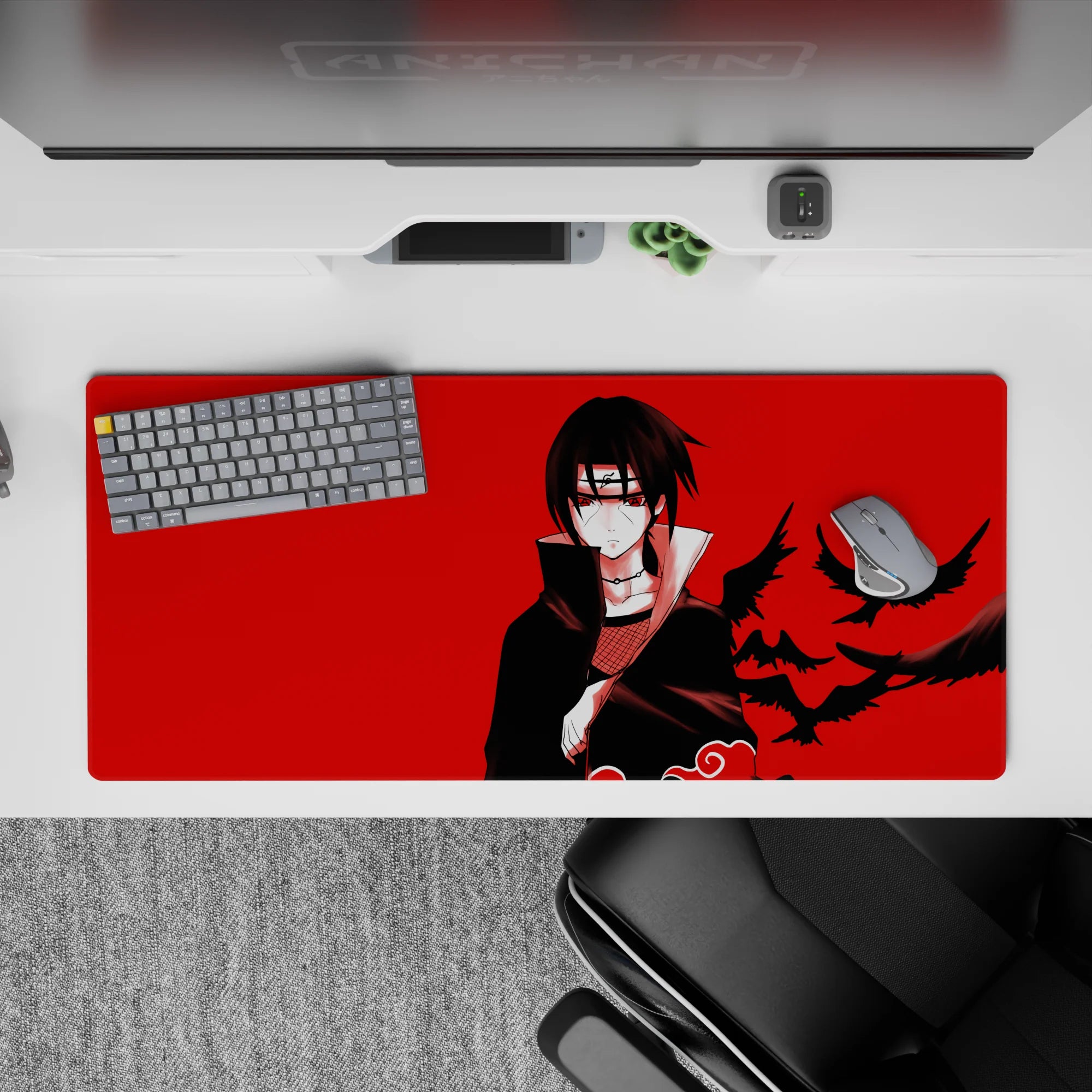 36x16 inches anime desk pad in bold red and black, calm dark vibe with ink-like crows in motion.