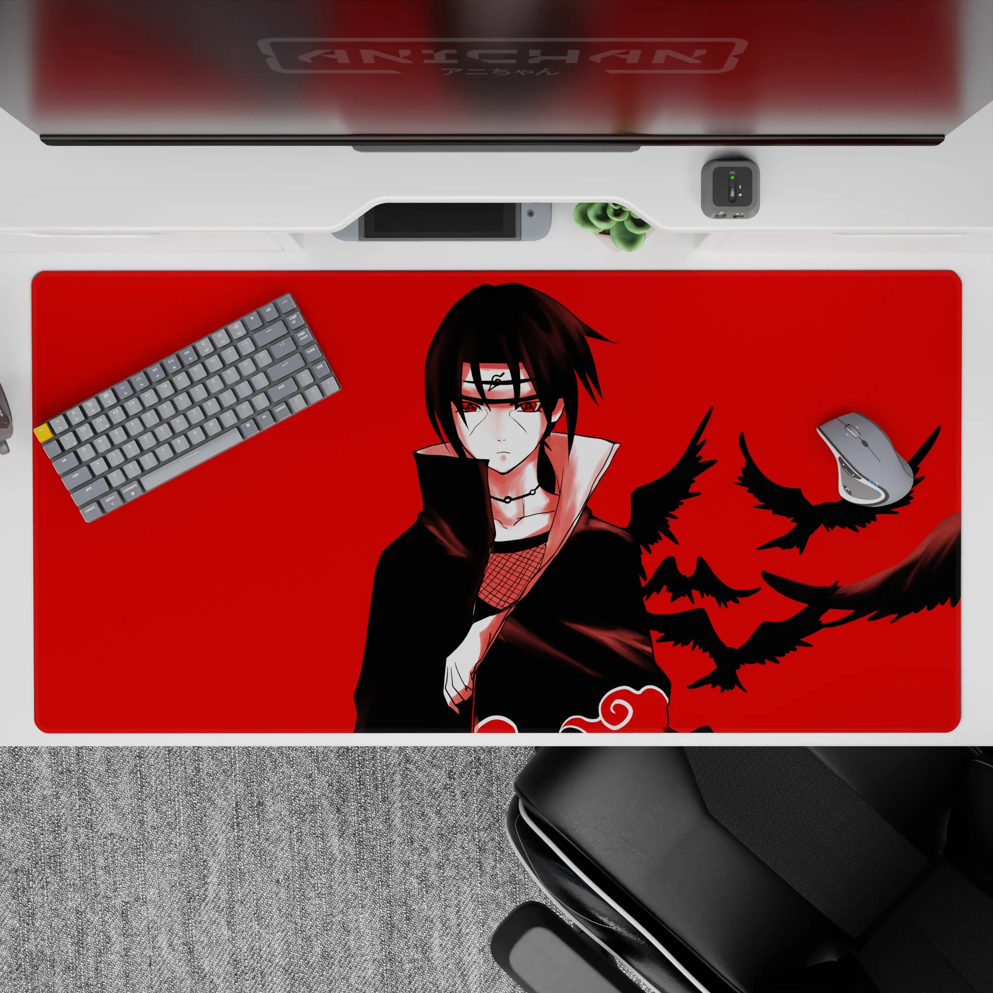 40x20 inches anime mouse pad in bold red and deep black, calm dark vibe with ink-like crows in motion.