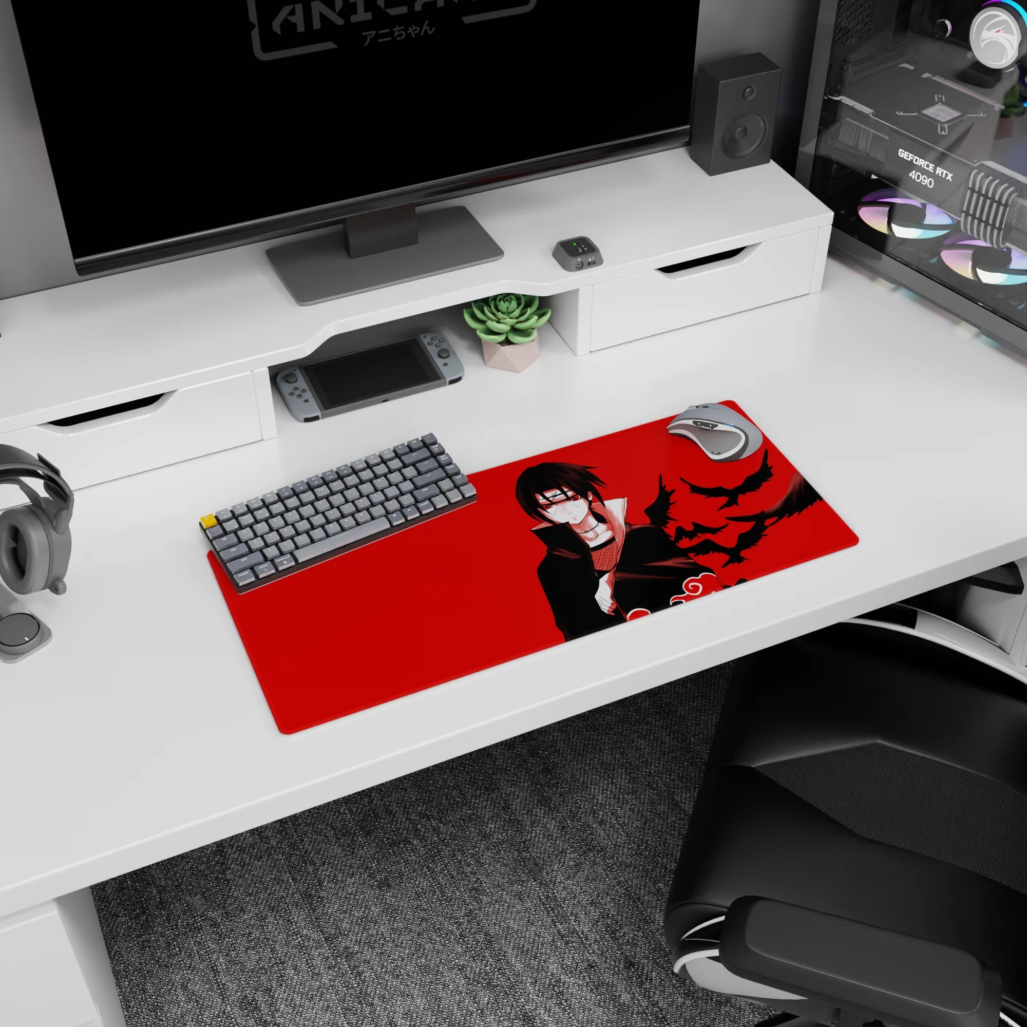 28x12 inches Naruto mouse pad featuring calm Itachi Uchiha with black crows slicing across a red sky.