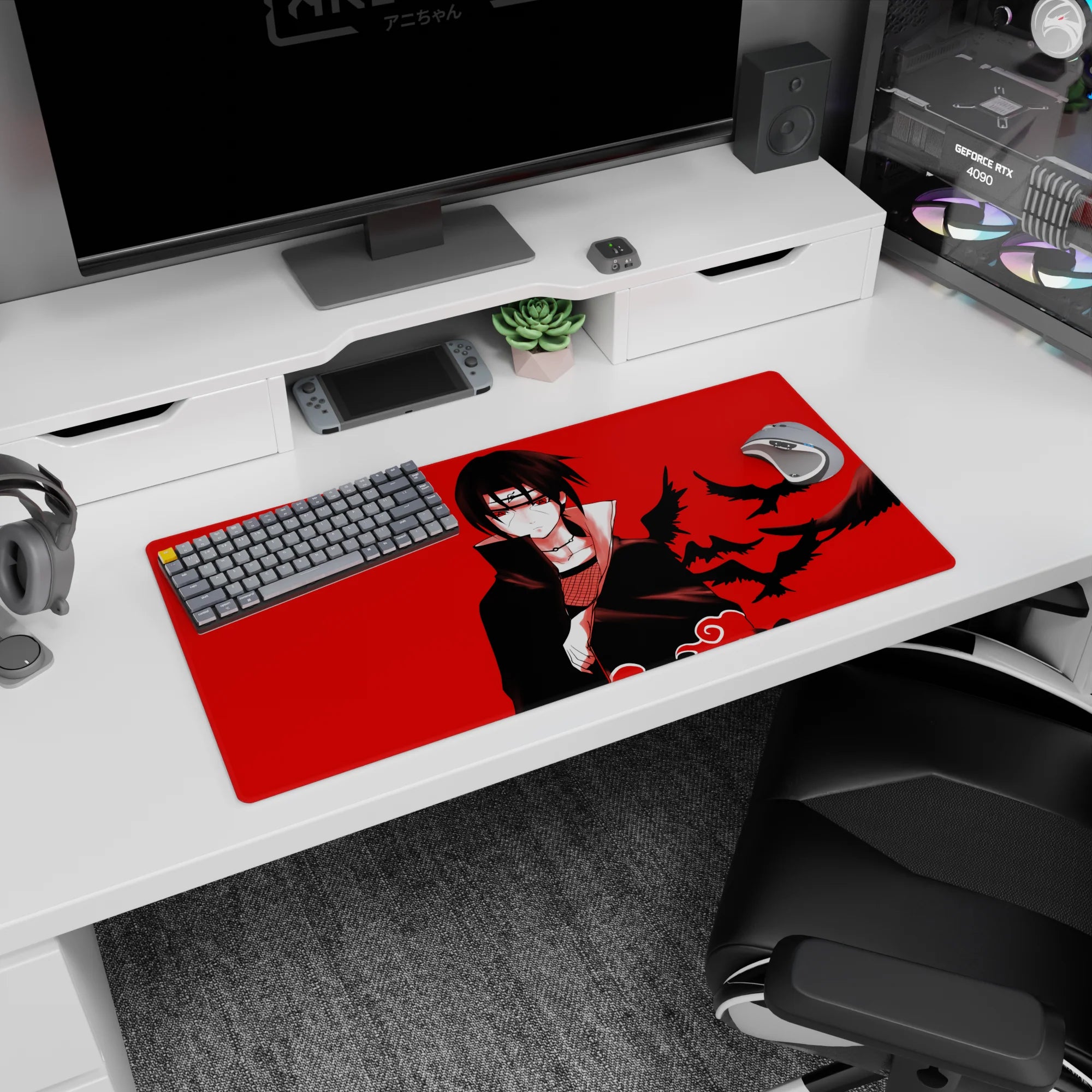 32x16 inches Naruto mouse pad featuring Itachi Uchiha staring ahead as black crows cut across red.