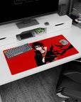 32x16 inches Naruto mouse pad featuring Itachi Uchiha staring ahead as black crows cut across red.