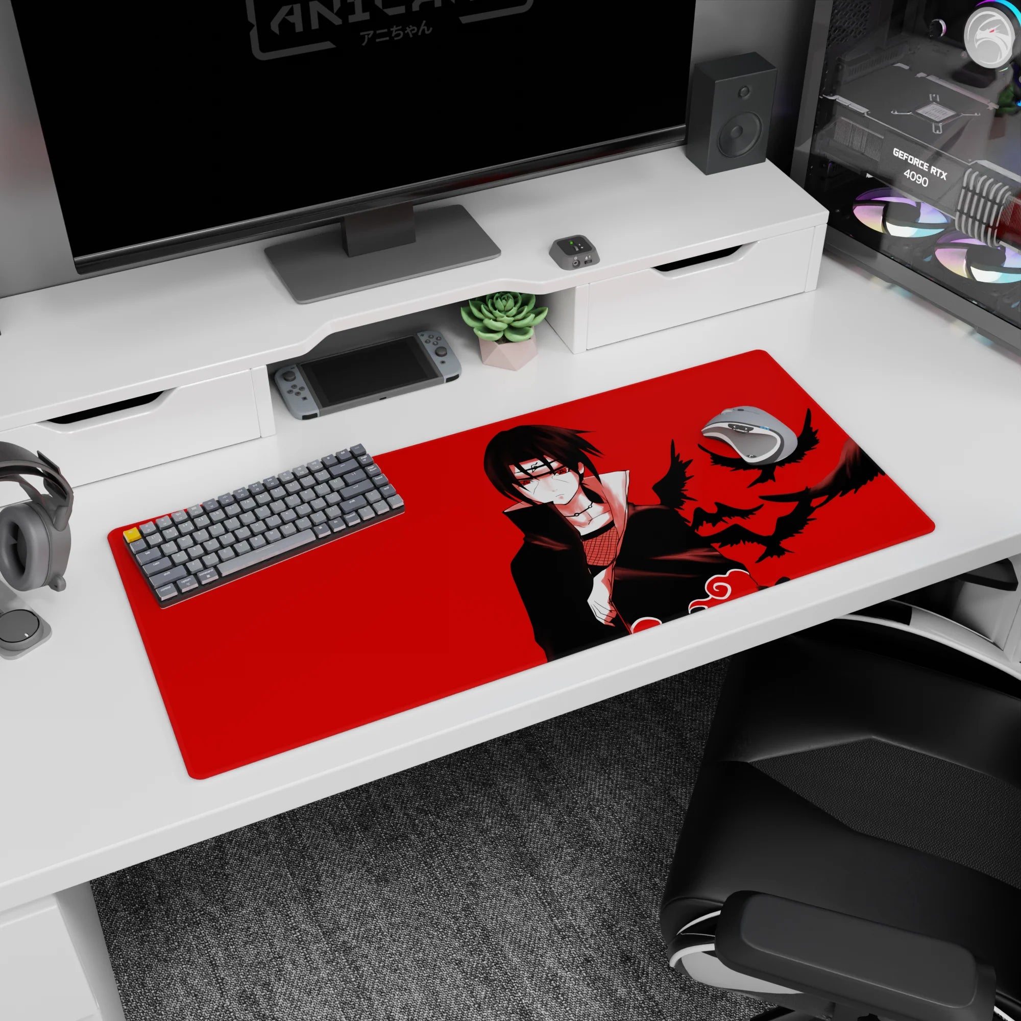 36x16 inches Naruto desk pad featuring Itachi Uchiha staring forward as black crows cut across red.