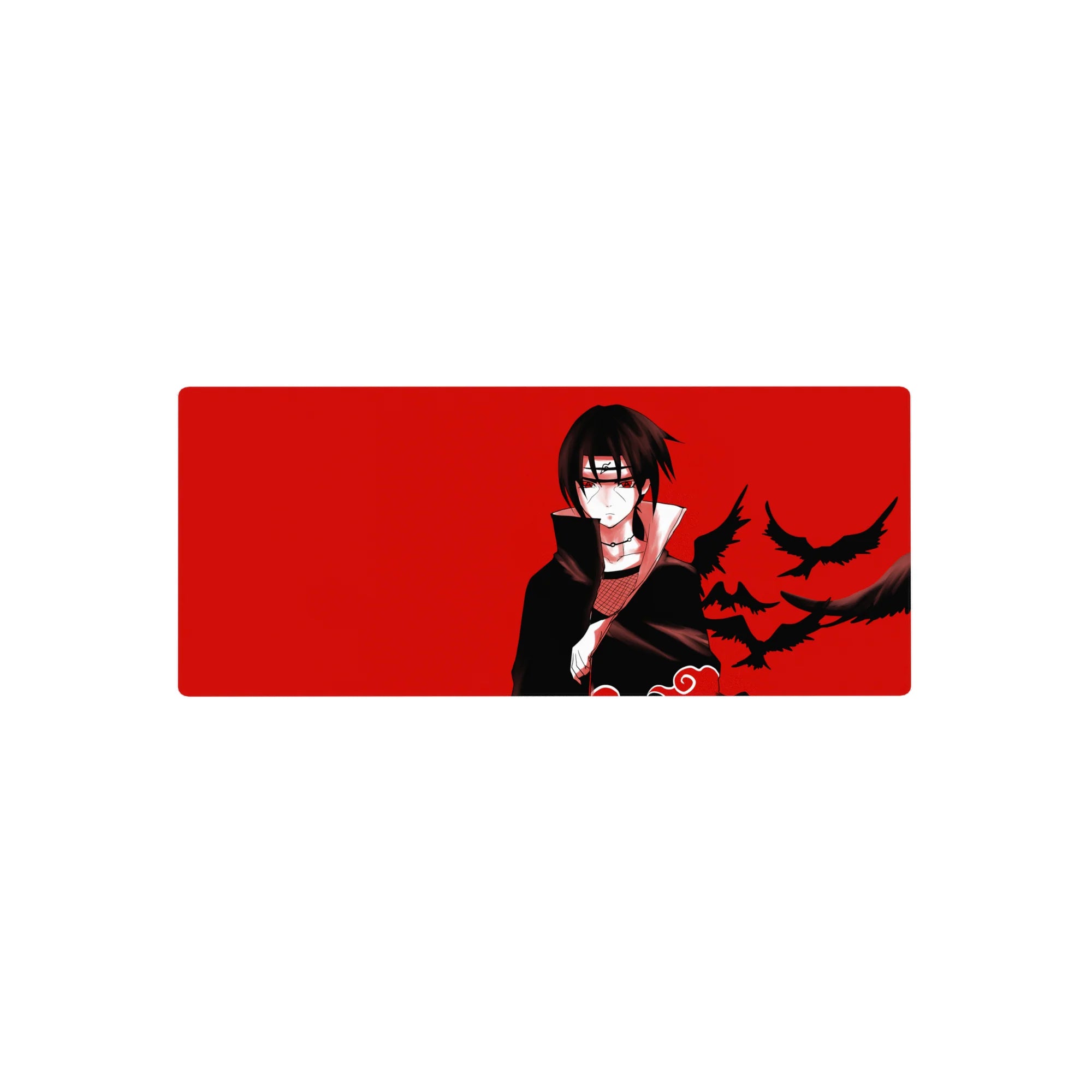 28x12 inches anime mouse pad with Itachi Uchiha, red background, and black crows in motion.