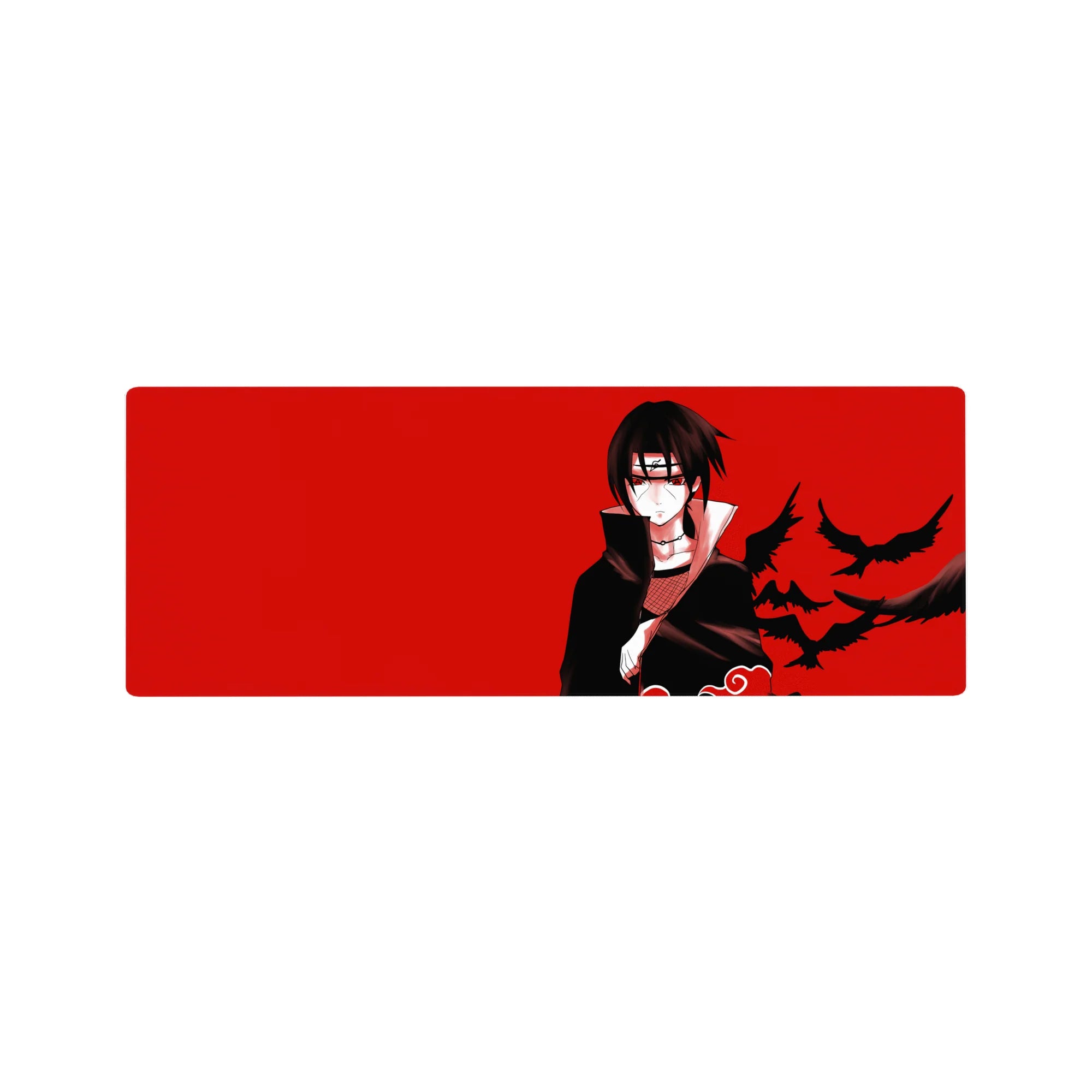 32x12 inches anime mouse pad with Itachi Uchiha, red backdrop, black crows, Akatsuki desk mat design.