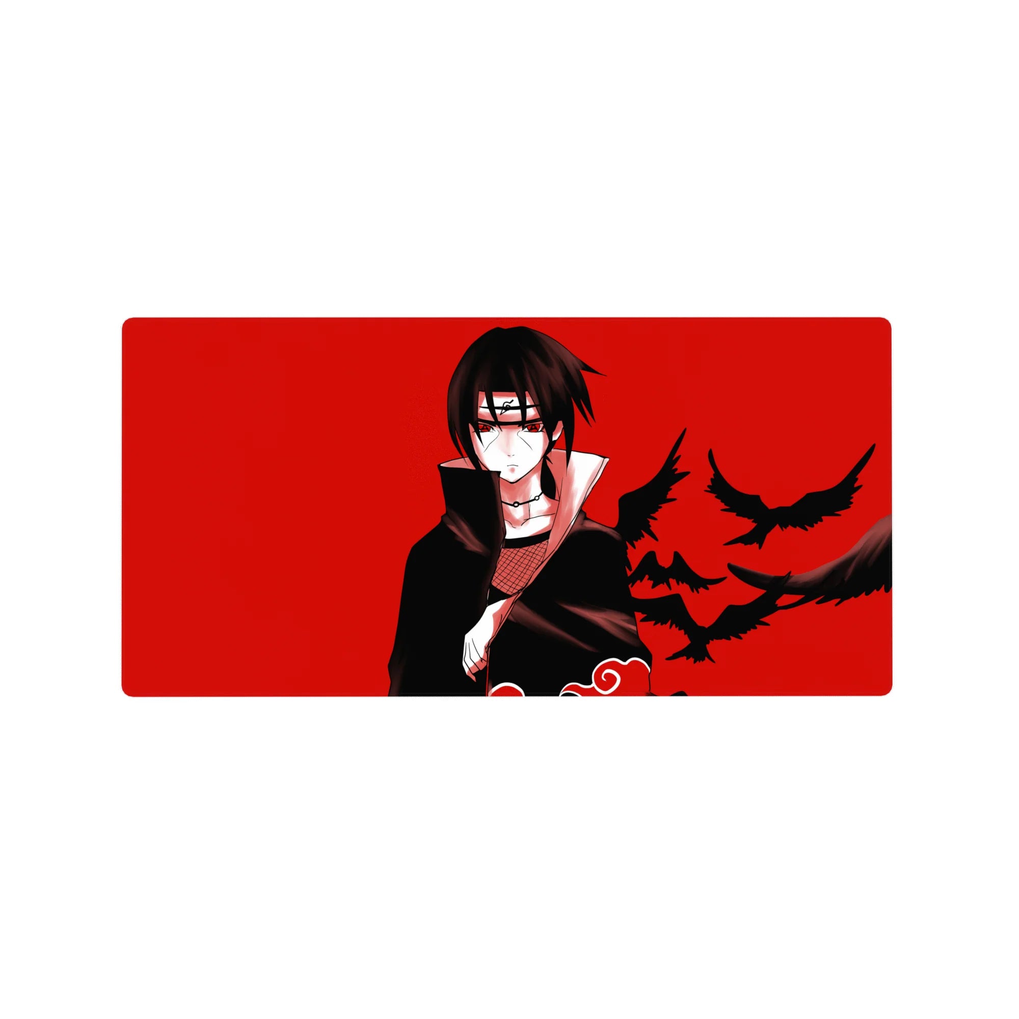 32x16 inches anime mouse pad with Itachi Uchiha, red backdrop and black crows, Akatsuki desk mat.
