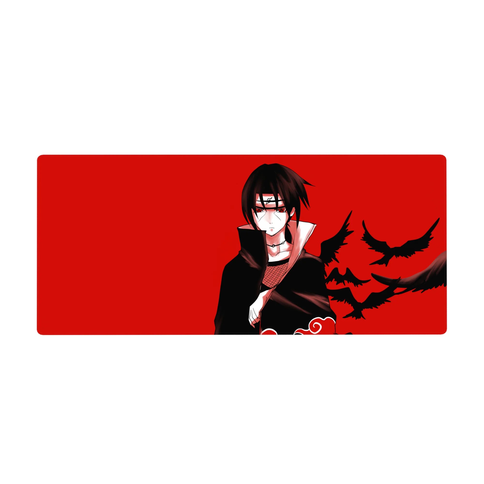 36x16 inches anime desk pad with Itachi-inspired Akatsuki design, red background and flying crows.
