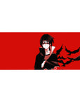 36x16 inches anime desk pad with Itachi-inspired Akatsuki design, red background and flying crows.