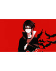 40x20 inches anime desk pad with Itachi Uchiha, red backdrop and black crow silhouettes, Akatsuki style.