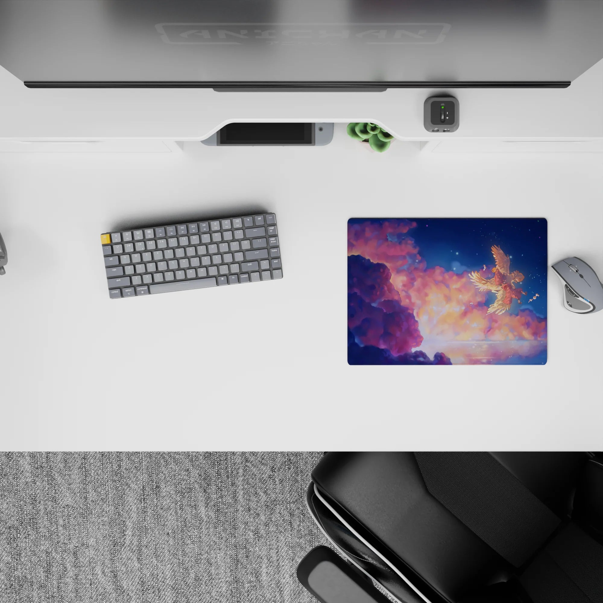 14x10 inches anime mouse pad in warm peach clouds and deep navy blues, calm soft-fantasy vibe.