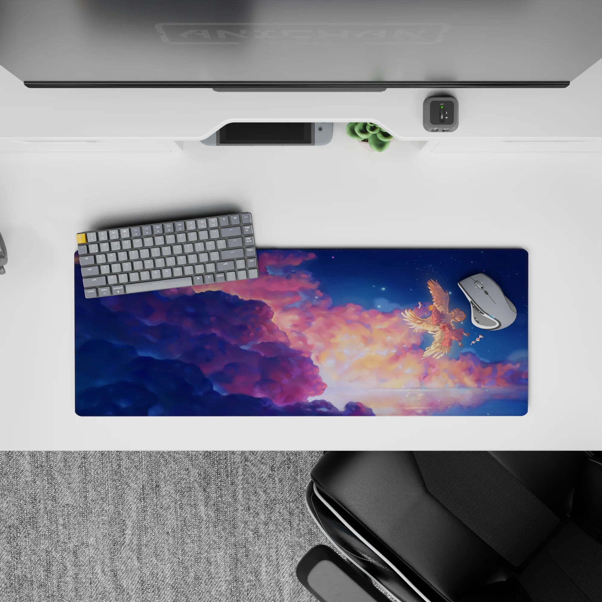 32x12 inches anime mouse pad in warm peach clouds and deep navy night sky, calm dreamy vibe.