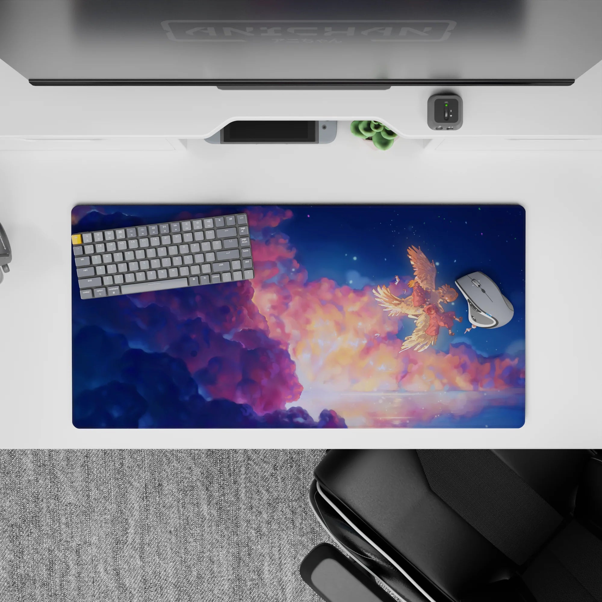32x16 inches anime mouse pad in warm peach clouds and deep navy blues, with twinkling stars, calm vibe.