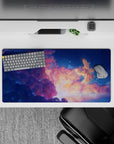32x16 inches anime mouse pad in warm peach clouds and deep navy blues, with twinkling stars, calm vibe.