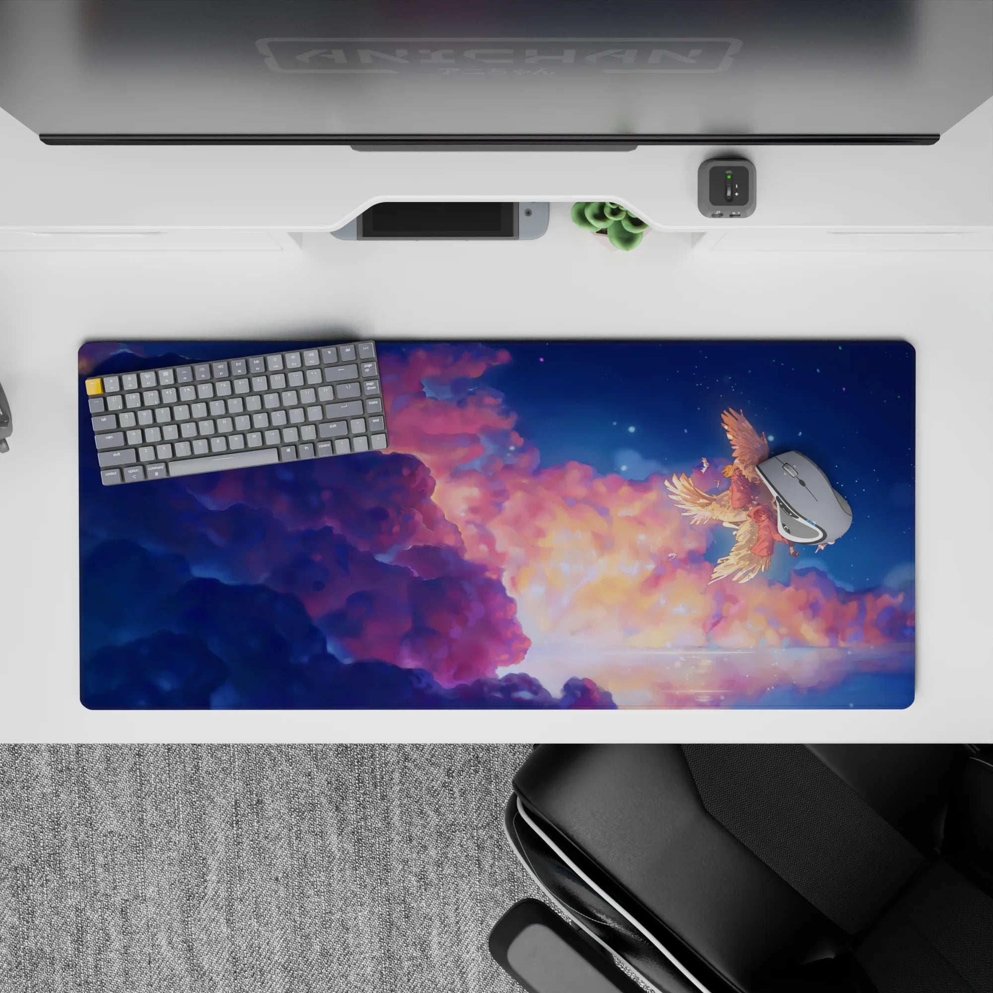 36x16 inches anime desk pad in warm peach and deep navy, soft fantasy calm with twinkling stars.